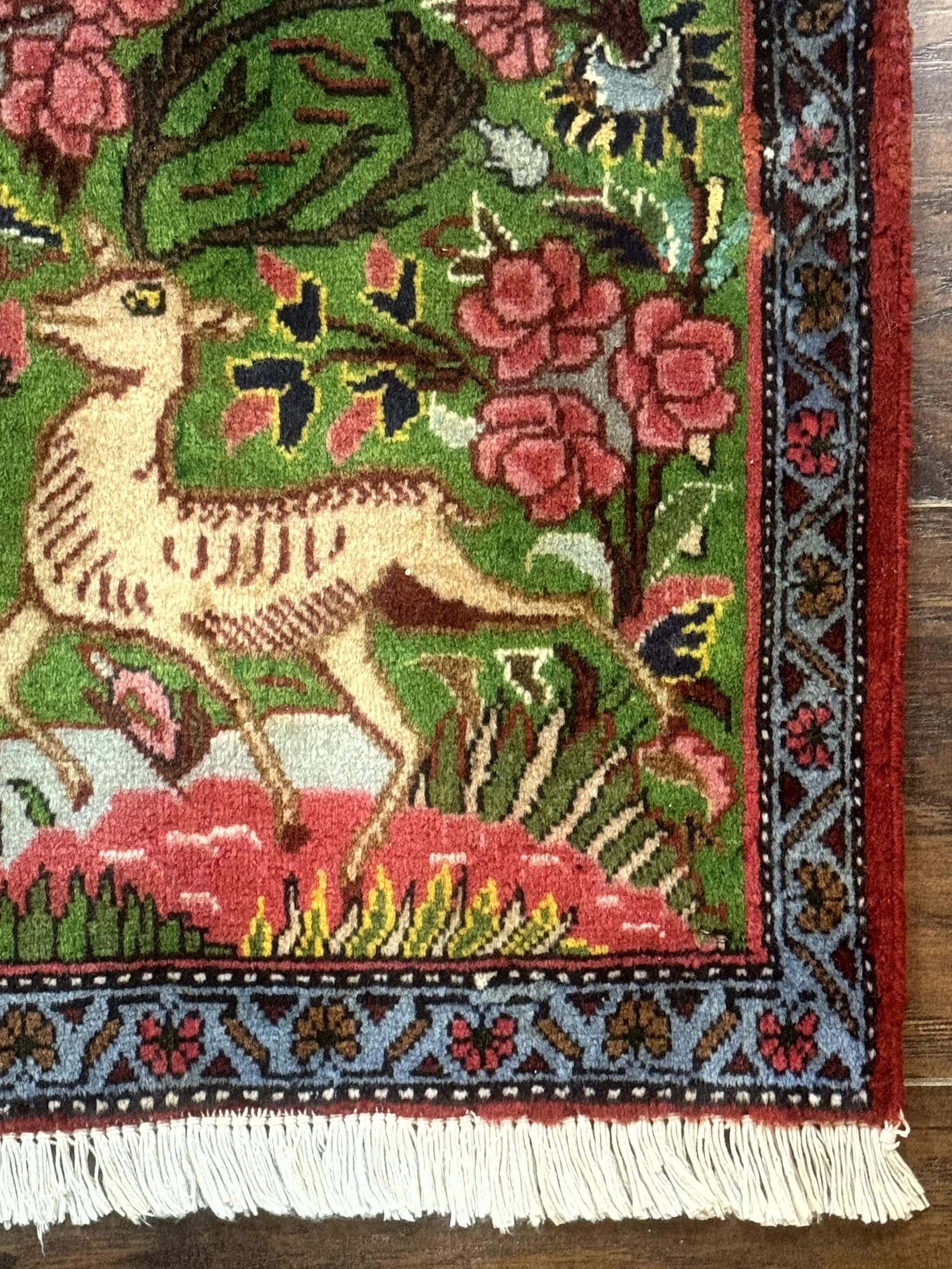 Small Persian Sarouk Rug, Deer Pictorials, Green, Hand Knotted, Fine - Jewel Rugs