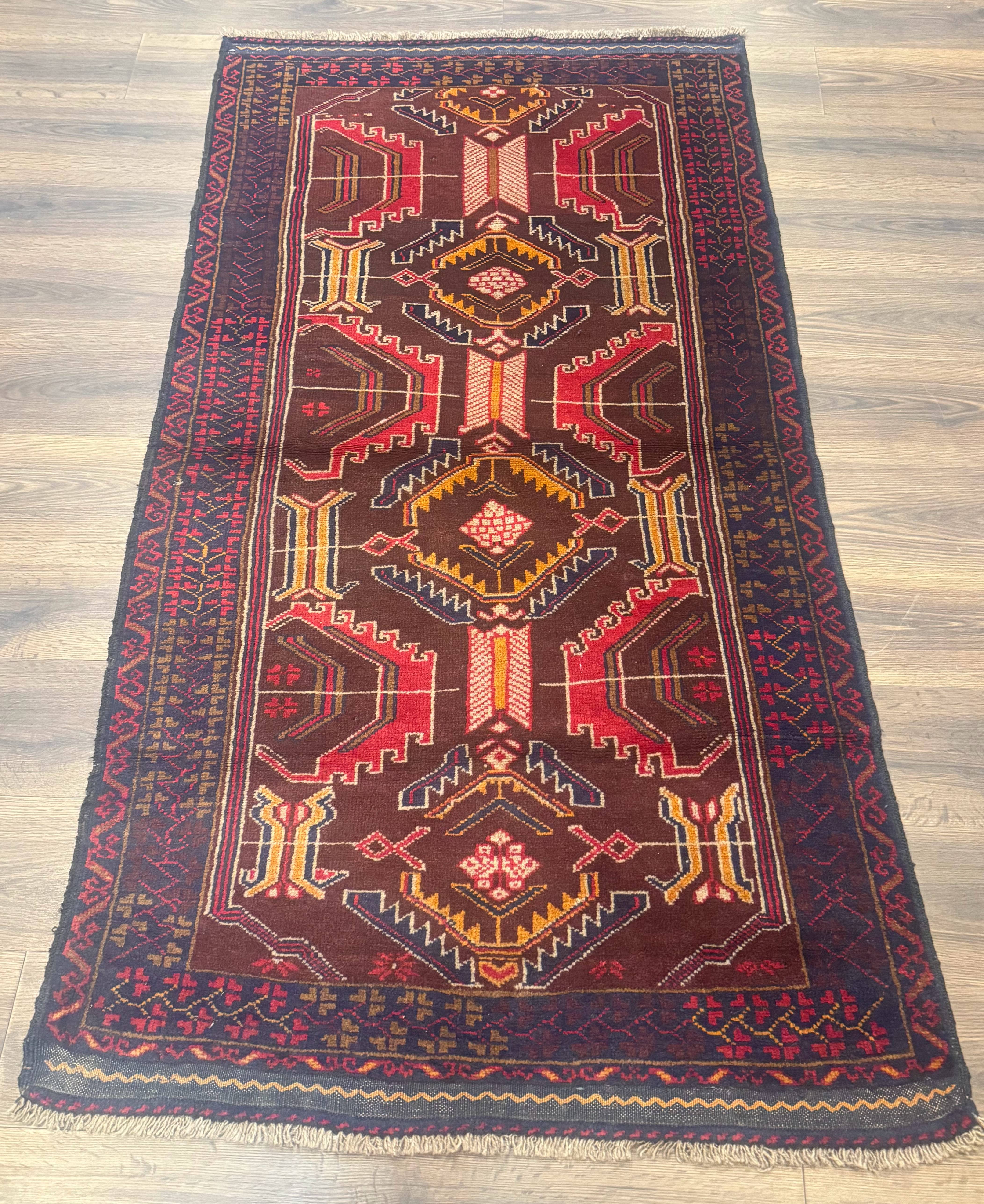 Afghan Rug 3x7, Maroon and Navy Blue, Balouch Carpet, Tribal Rug, New - Jewel Rugs