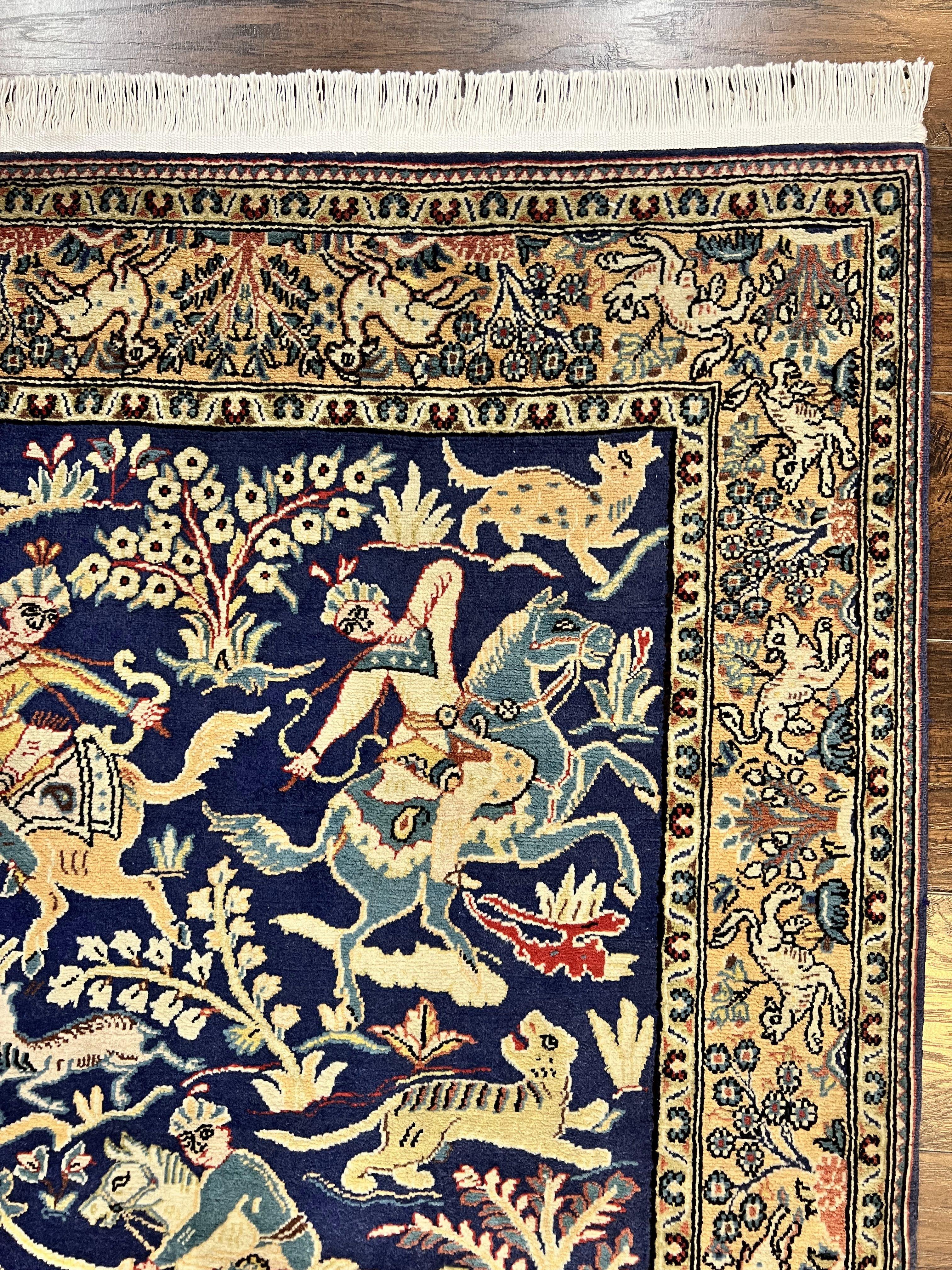 Persian Qum Hunting Design Rug 4x5, Wool Hand Knotted Vintage Oriental Carpet, Navy Blue & Mustard, Horsemen Animal Pictorials, Rare - Jewel Rugs