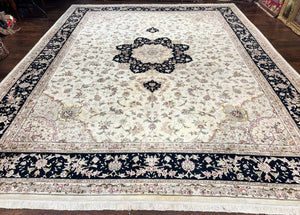 Sino Persian Rug 12x15, Ivory and Black, Floral Medallion Carpet, Large Palace Size Oriental Rug, Wool and Silk Highlights, Vintage Rug