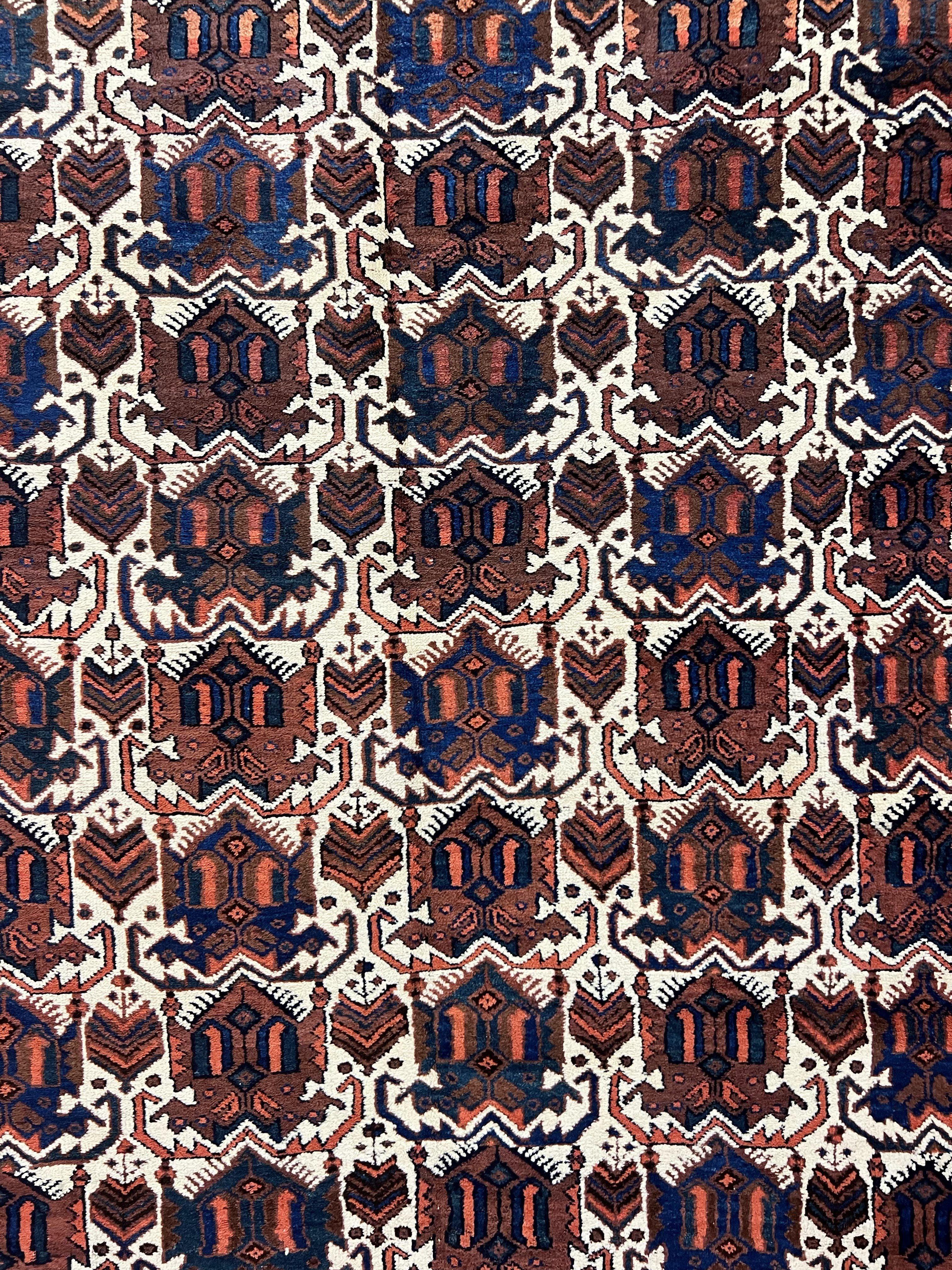 Persian Afshar Rug 4x5, Repeated Motif, Ivory & Burgundy, Wool Tribal Oriental Carpet, Handmade Vintage Semi Antique Medium Sized Rug - Jewel Rugs