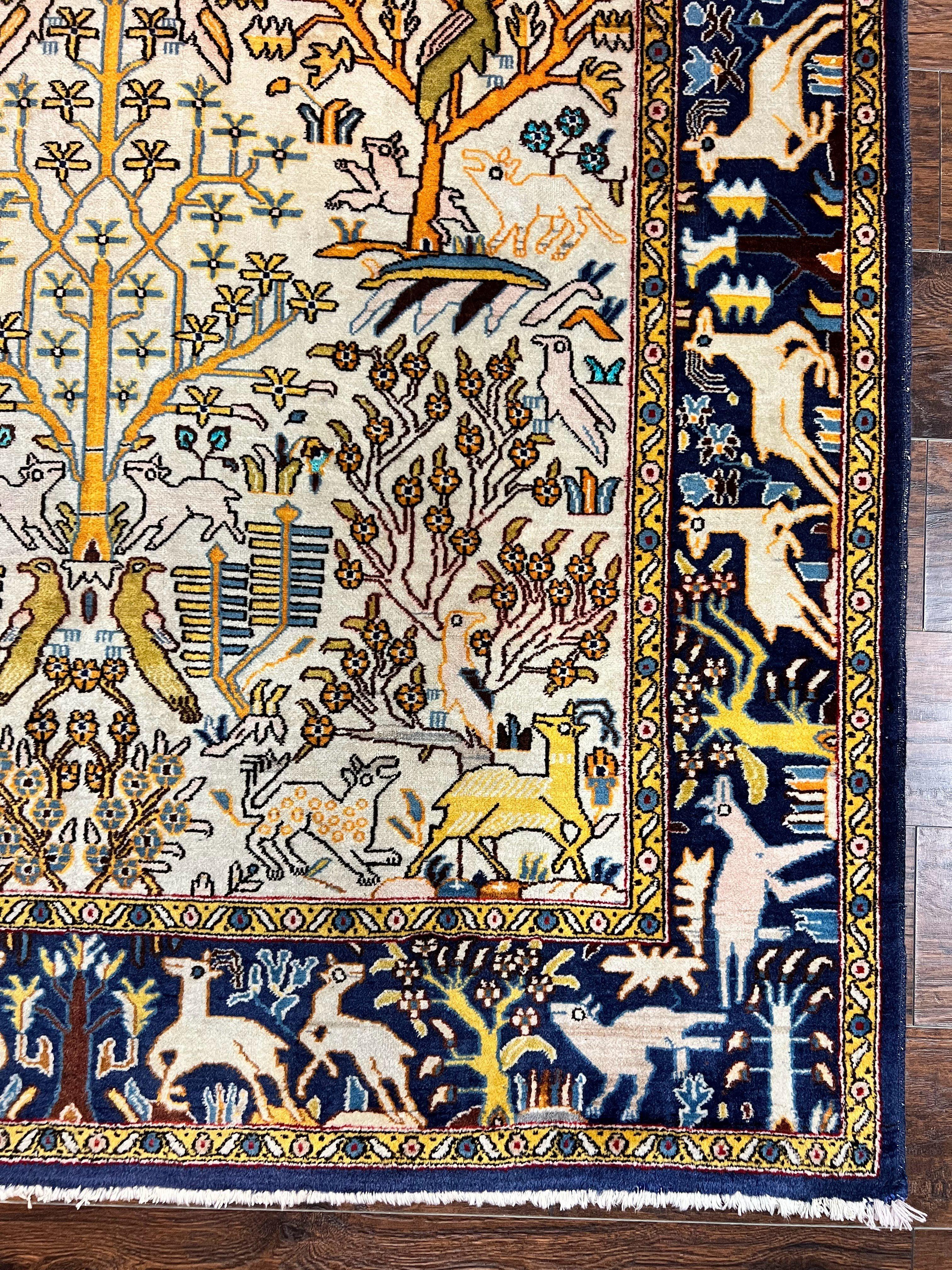Persian Tree of Life Rug 5x9, Qum Rug, Animal Motifs Deer Birds, Cream and Navy Blue, Semi Antique Vintage Handmade Carpet, Wool & Silk Highlights - Jewel Rugs