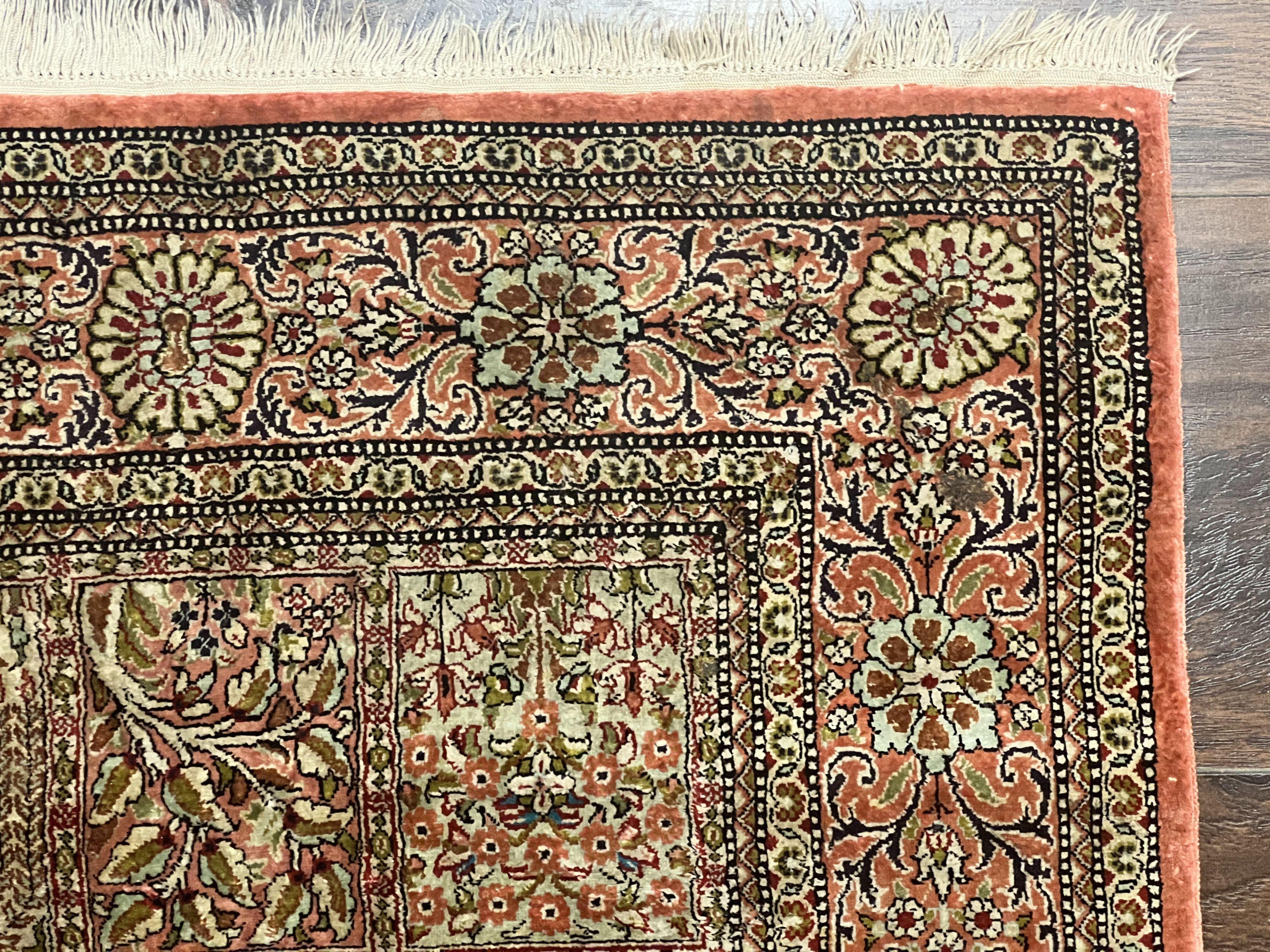 Magnificent Persian Silk Rug 3.7 x 5, Persian Qum Rug, Panel Design, Kheshti Garden, Extremely Fine 650 KPSI - 70 Raj, Hand Knotted, Vintage, Multicolor - Jewel Rugs