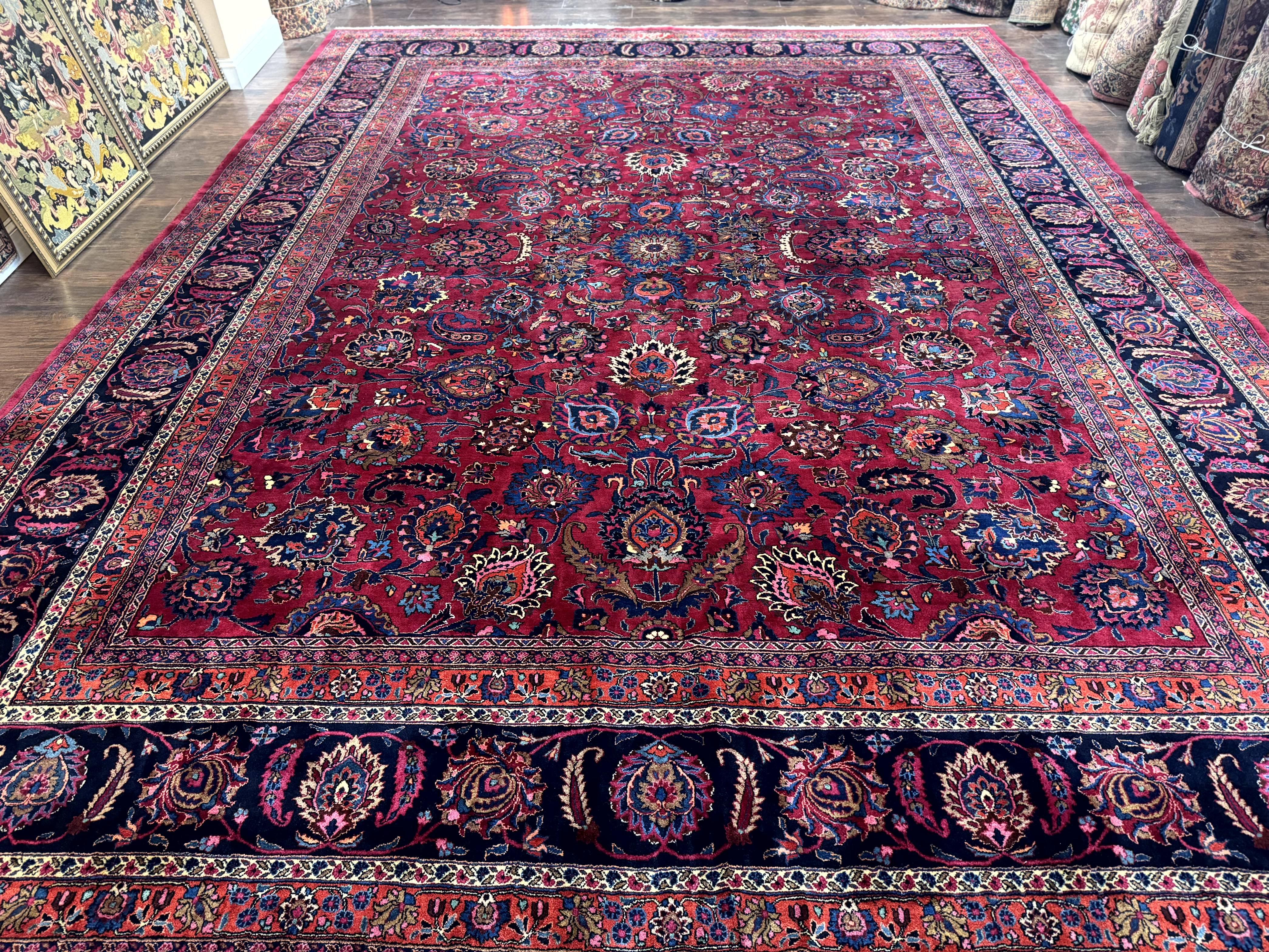 Palace Size Persian Mashad Rug 12x16, Raspberry and Navy Blue, Signature from Master Weaver, Antique Handmade Large Wool Carpet - Jewel Rugs
