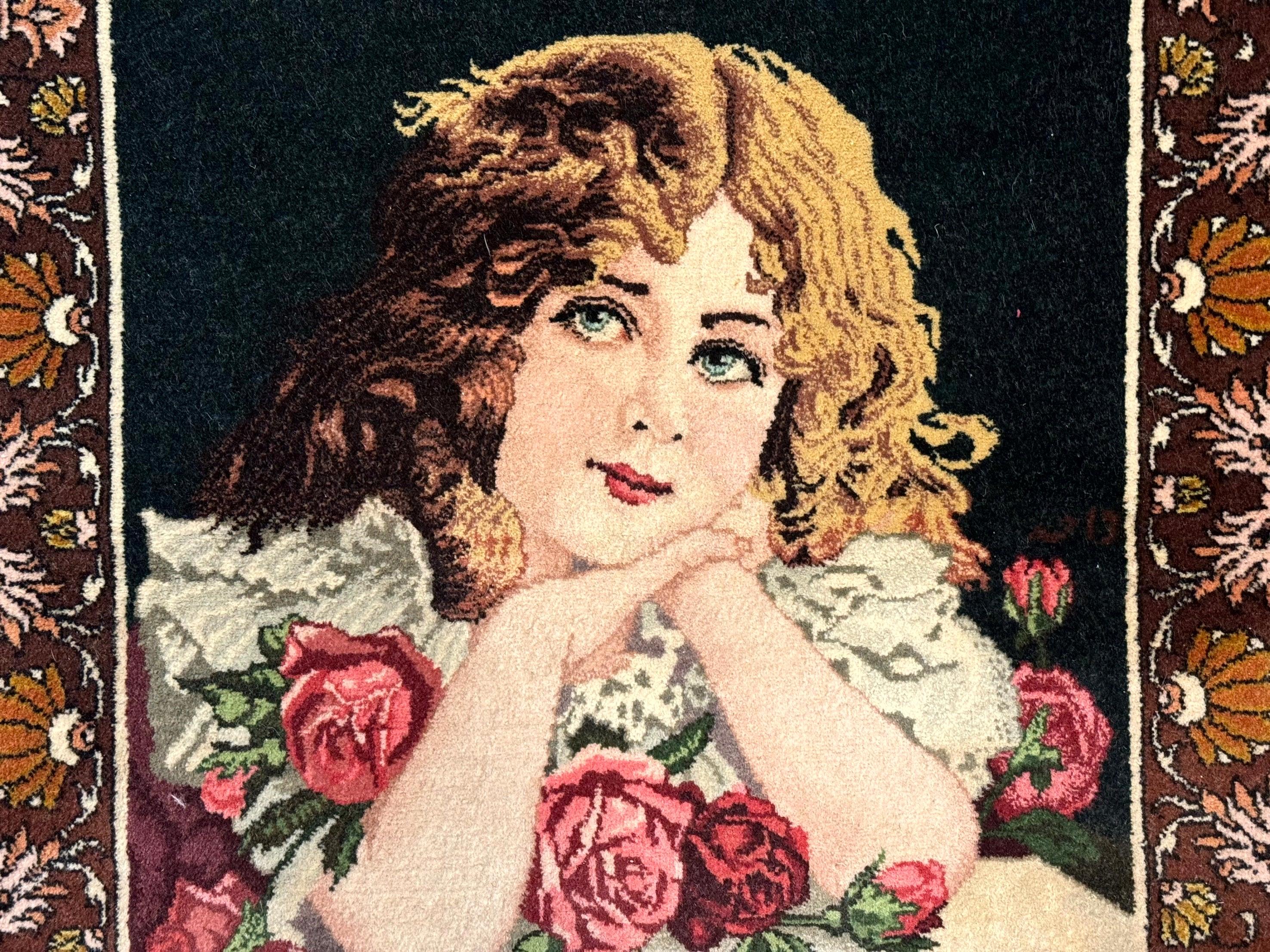 Small Persian Tabriz Pictorial Rug of Young Girl, Very Fine 380 KPSI, Portrait of Young Lady with Roses, Handmade, Persian Rug for Wall Hanging - Jewel Rugs