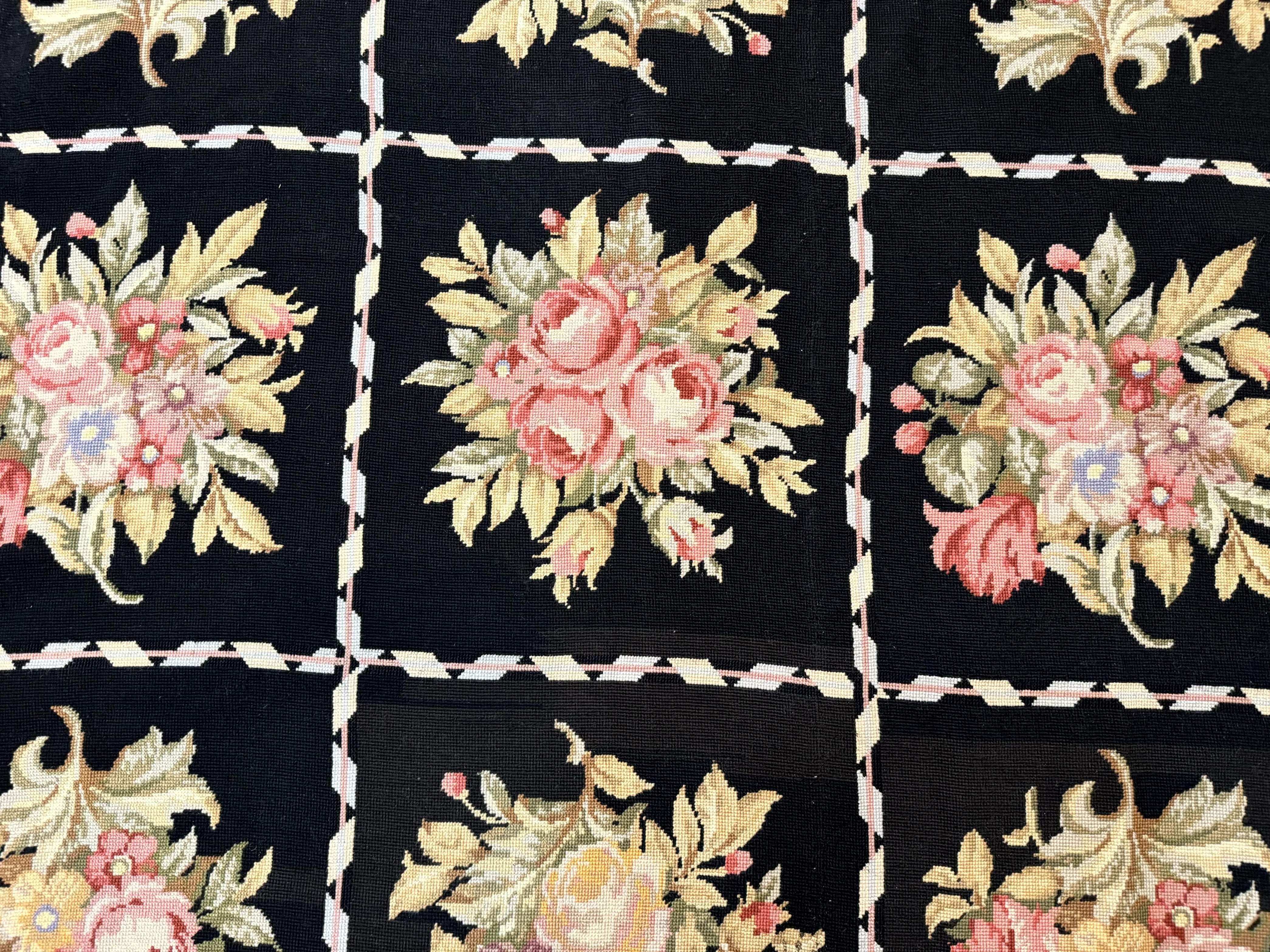 Black Floral Needlepoint Rug 5x9, European Panel Design, Vintage Carpet - Jewel Rugs