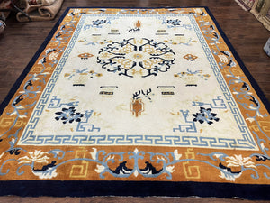 Indo Chinese Rug 9x12, Asian Oriental Carpet 9 x 12, Cream & Burnt Orange, Handmade Wool Vintage Art Deco Rug