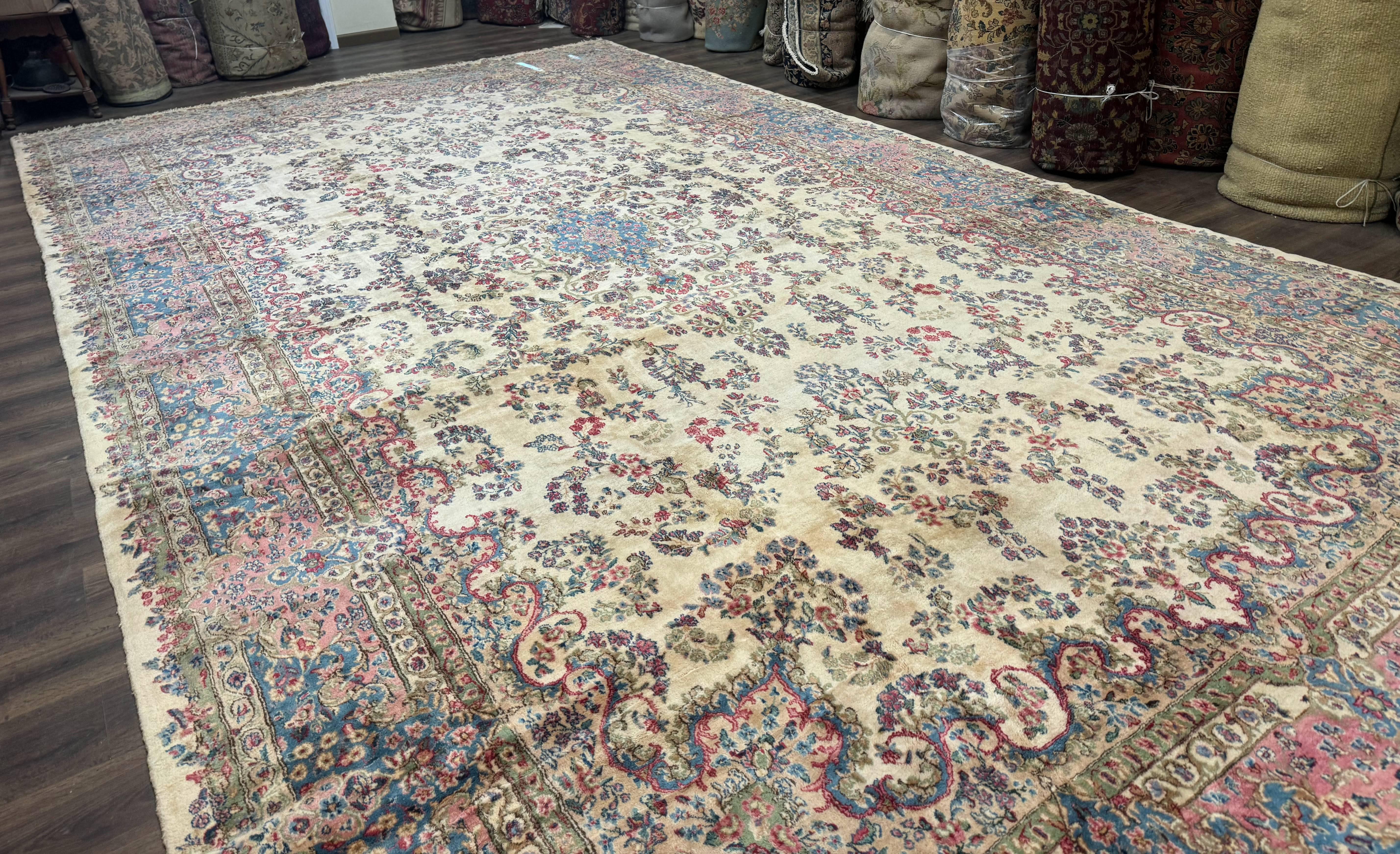 Palace Size Persian Kerman Rug 11x20 ft, Very Fine 340 KPSI, Vintage Oversized Wool Handmade Large Persian Carpet, Beige Light Blue Pink - Jewel Rugs