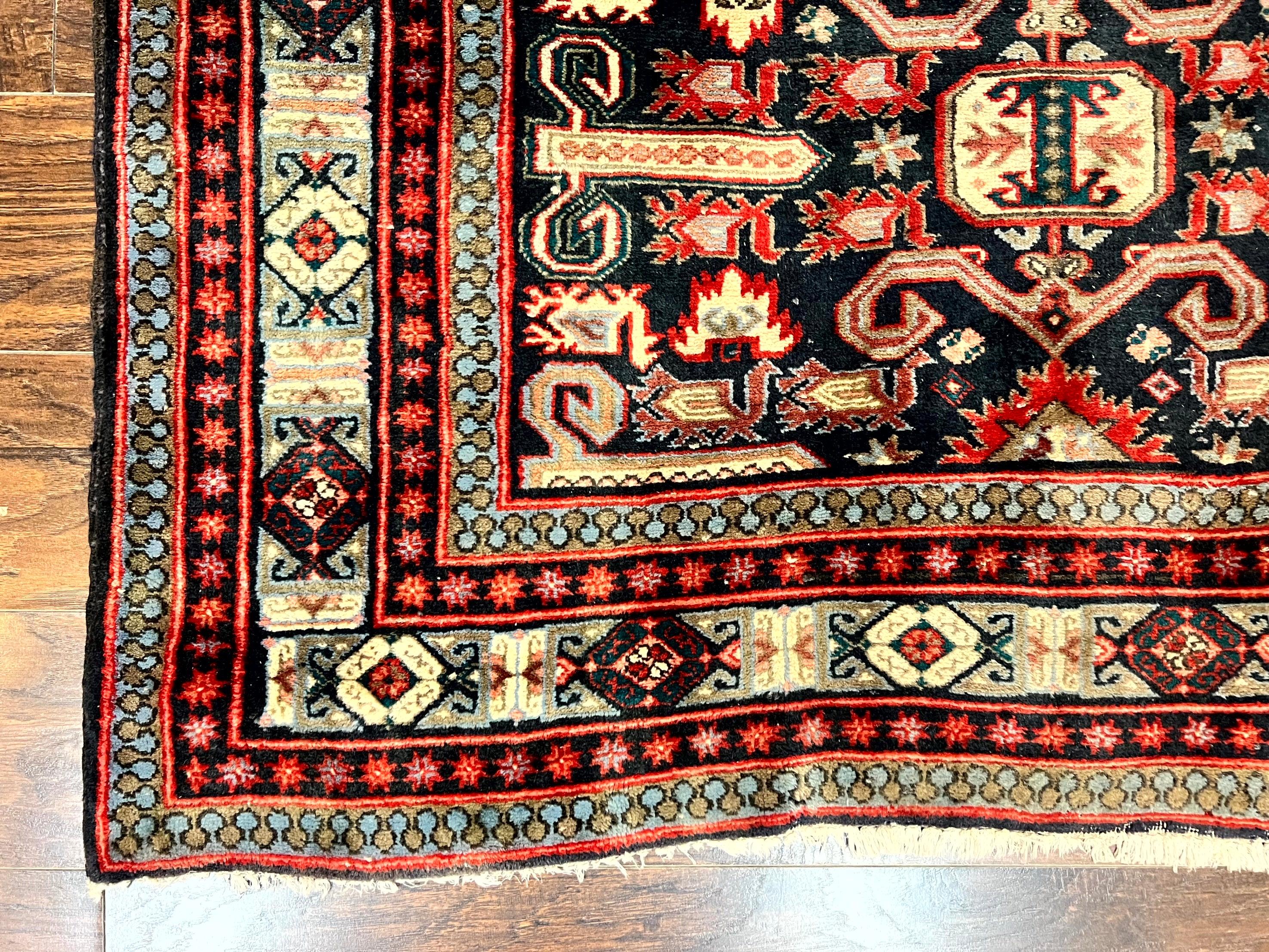 Persian Wide Runner Rug 4.8 x 10, Persian Kalegi Ardabil Rug, Perpedil Caucasian Rug, Antique Handmade Wool Carpet, Navy Blue Red, Tribal Rug - Jewel Rugs