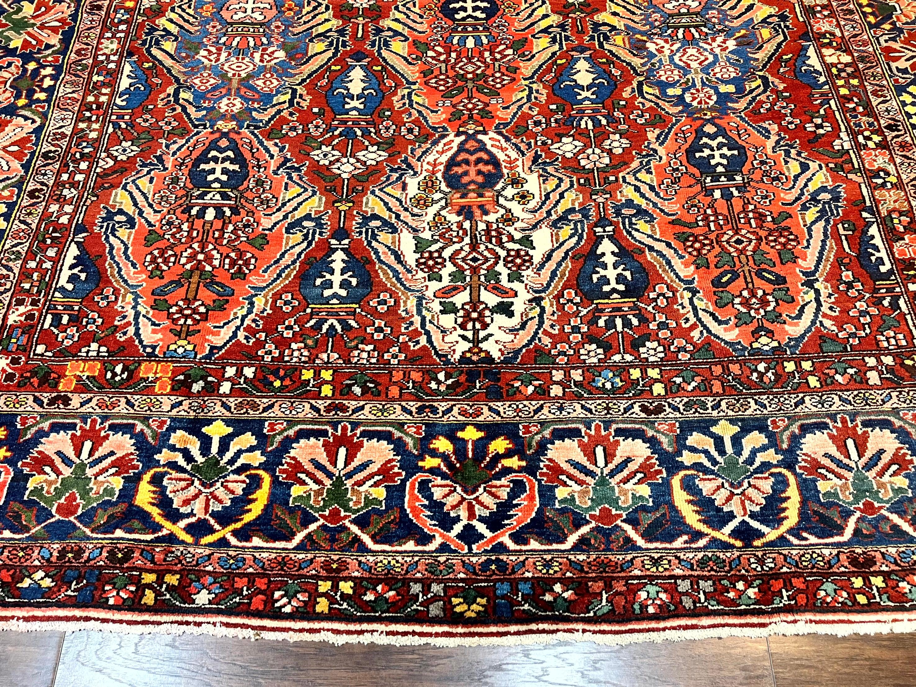 Large Persian Bakhtiari Rug 10x14, Rare Perisan Tribal Rug, Red Blue Ivory Multicolor, Hand Knotted, Semi Antique Carpet - Jewel Rugs