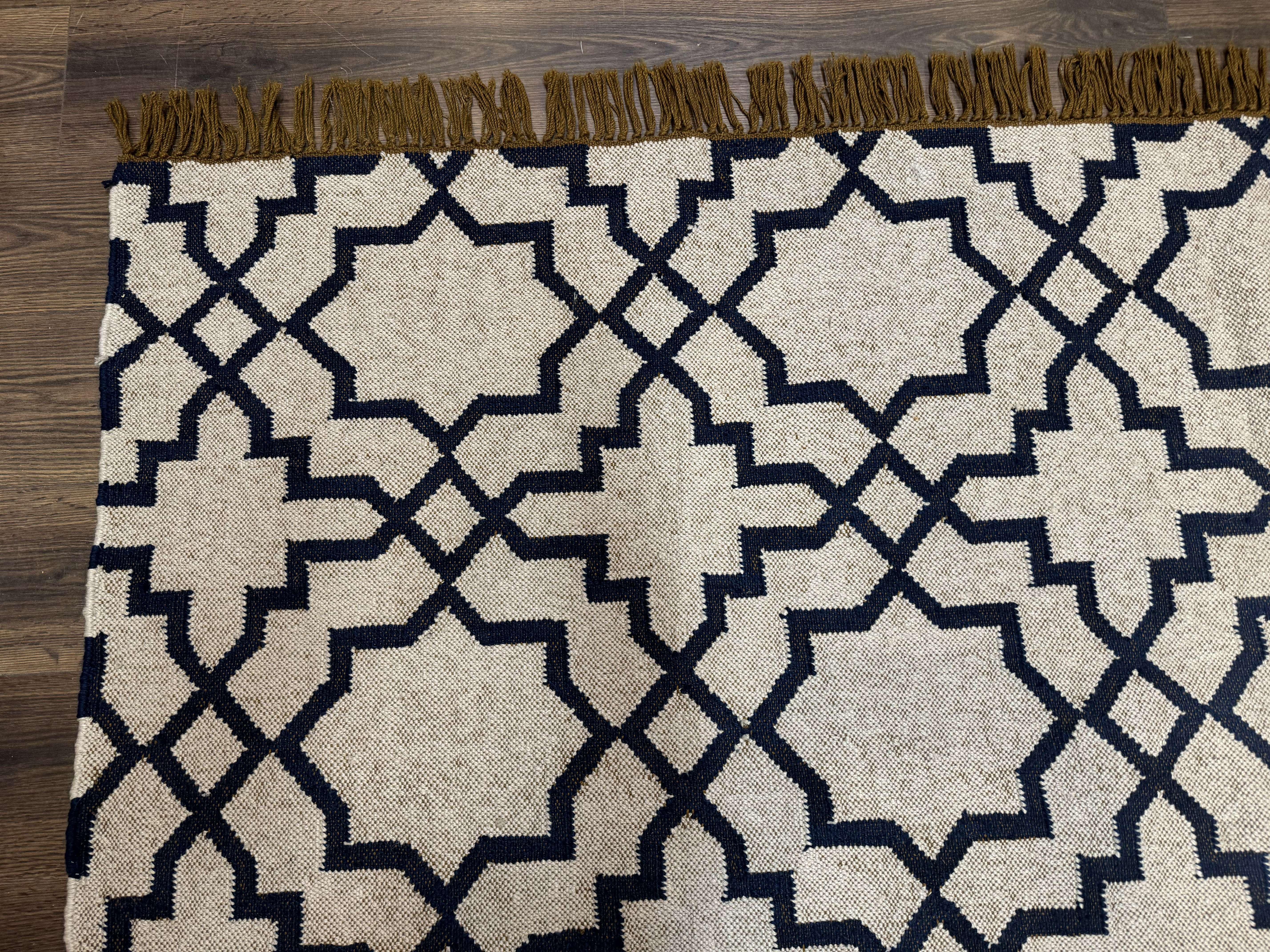 Indian Kilim Rug 8x10, Oat and Navy Blue, Dhurrie Carpet, Handmade, Wool - Jewel Rugs