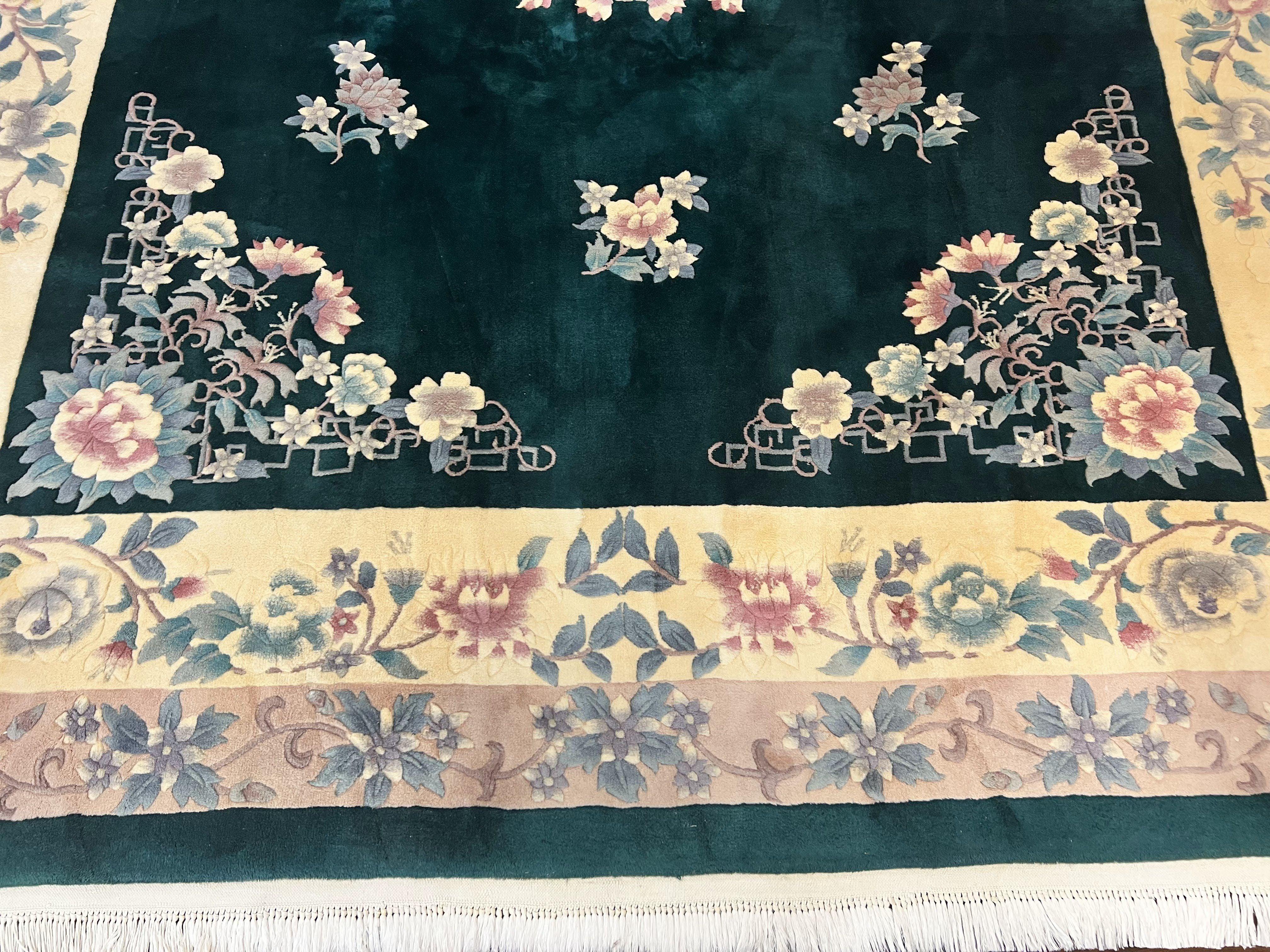 Chinese Art Deco Rug 9x12, Wool Hand Knotted Vintage Carpet, Dark Green & Cream, 90 Line Carving Rug - Jewel Rugs