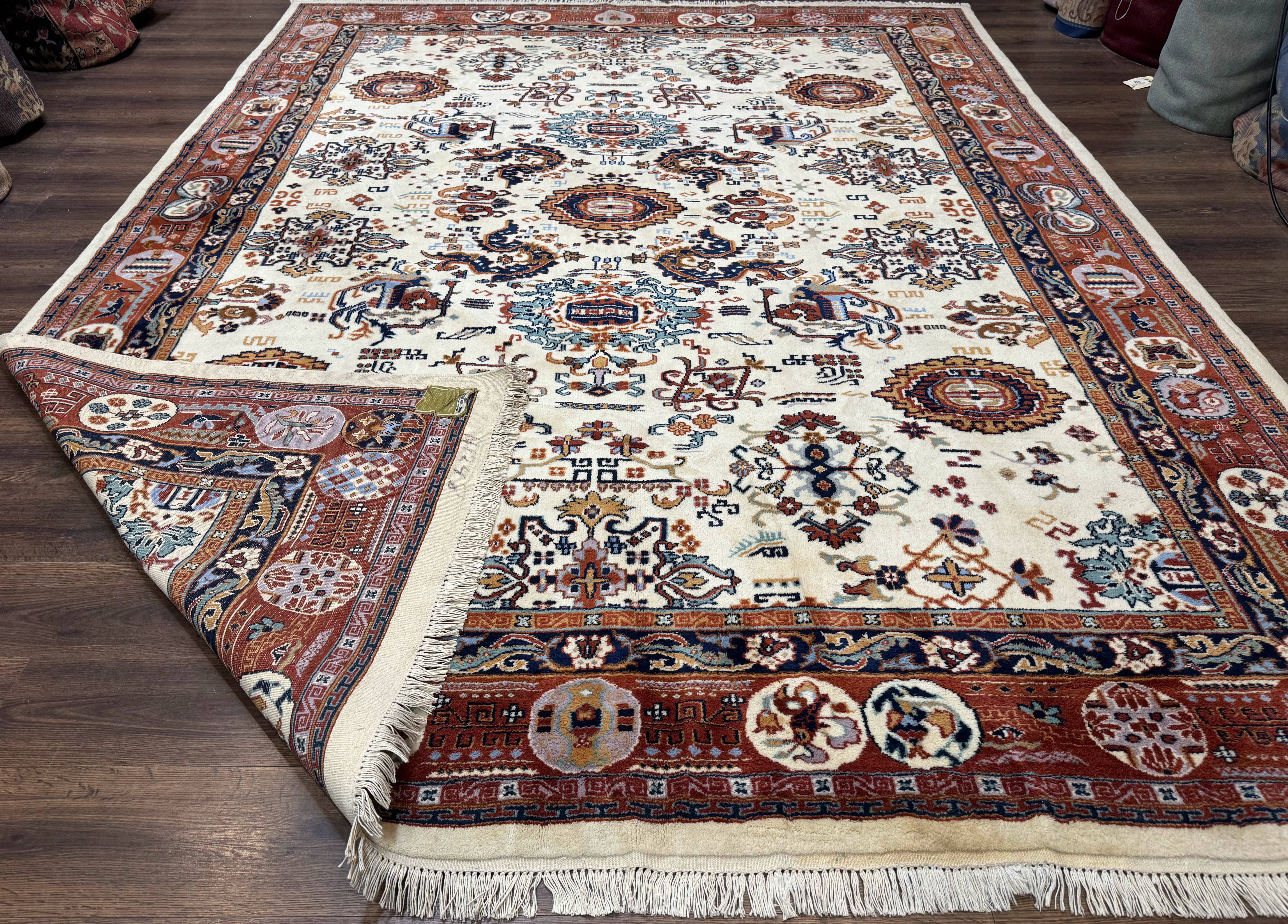 Indo Chinese Wool Rug 9x12, Ivory and Rust Red, Dragon Motifs - Jewel Rugs