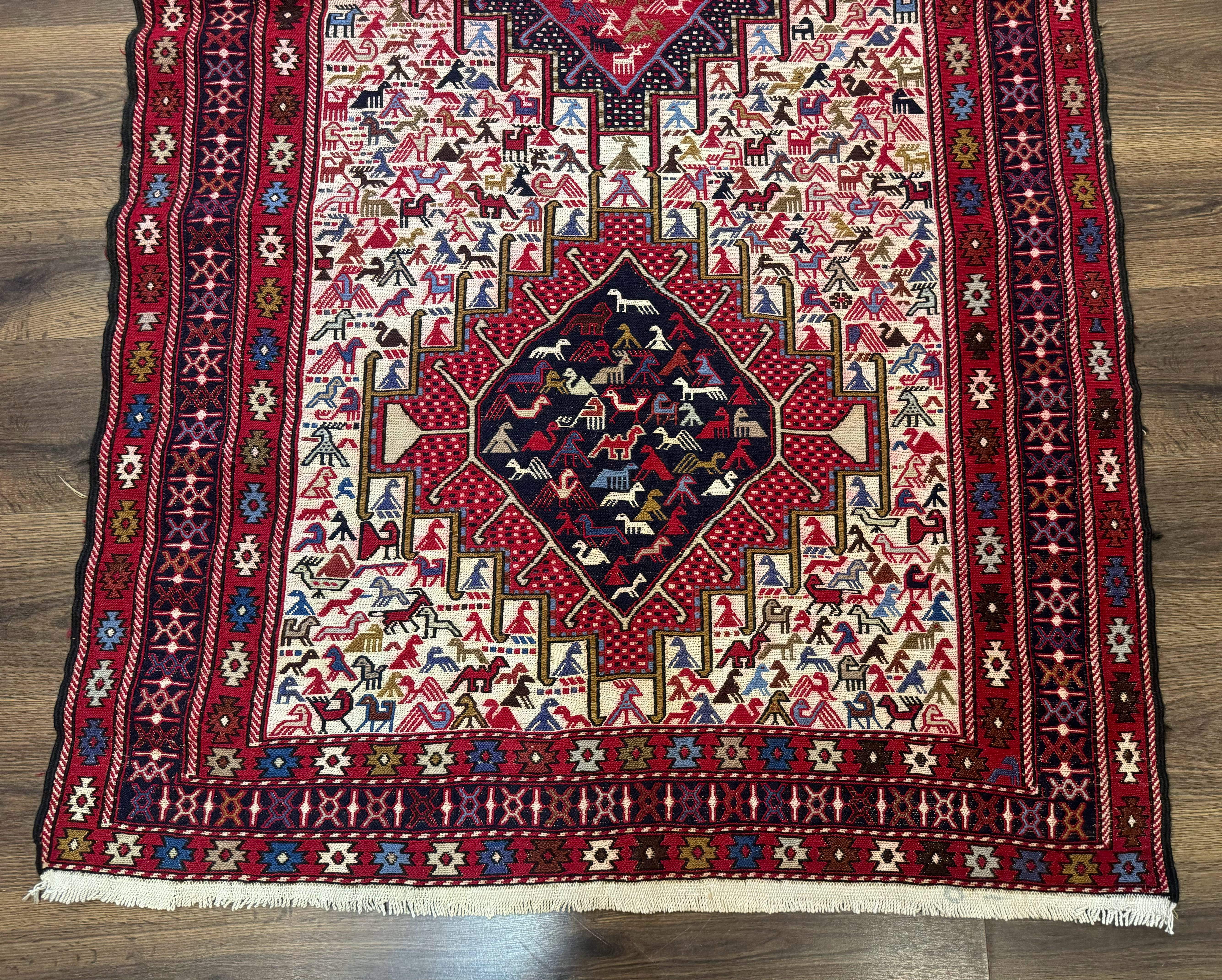 Persian Soumak Kilim Rug 4x6, Triple Medallions Tribal Pictorials, Caucasian Azerbaijani Kilim - Jewel Rugs
