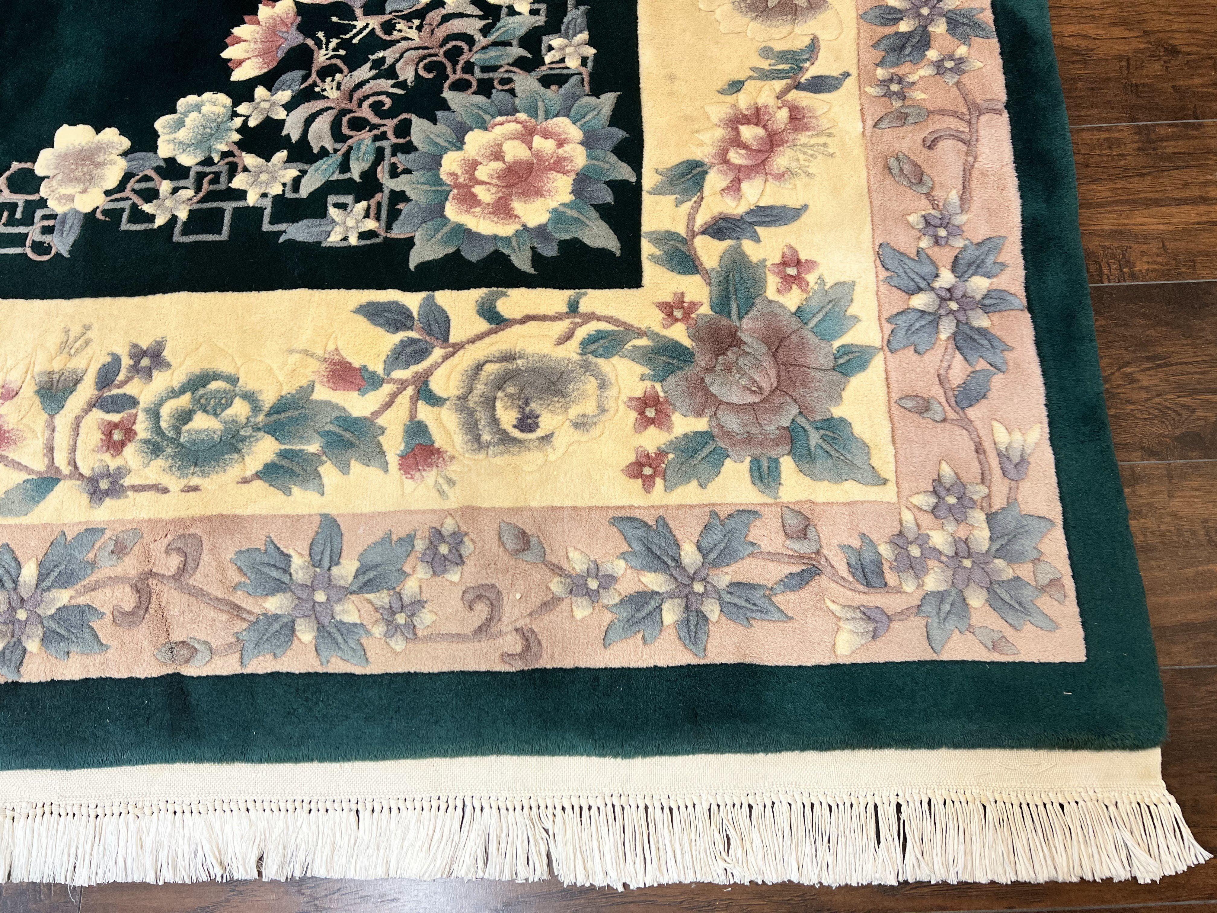 Chinese Art Deco Rug 9x12, Wool Hand Knotted Vintage Carpet, Dark Green & Cream, 90 Line Carving Rug - Jewel Rugs