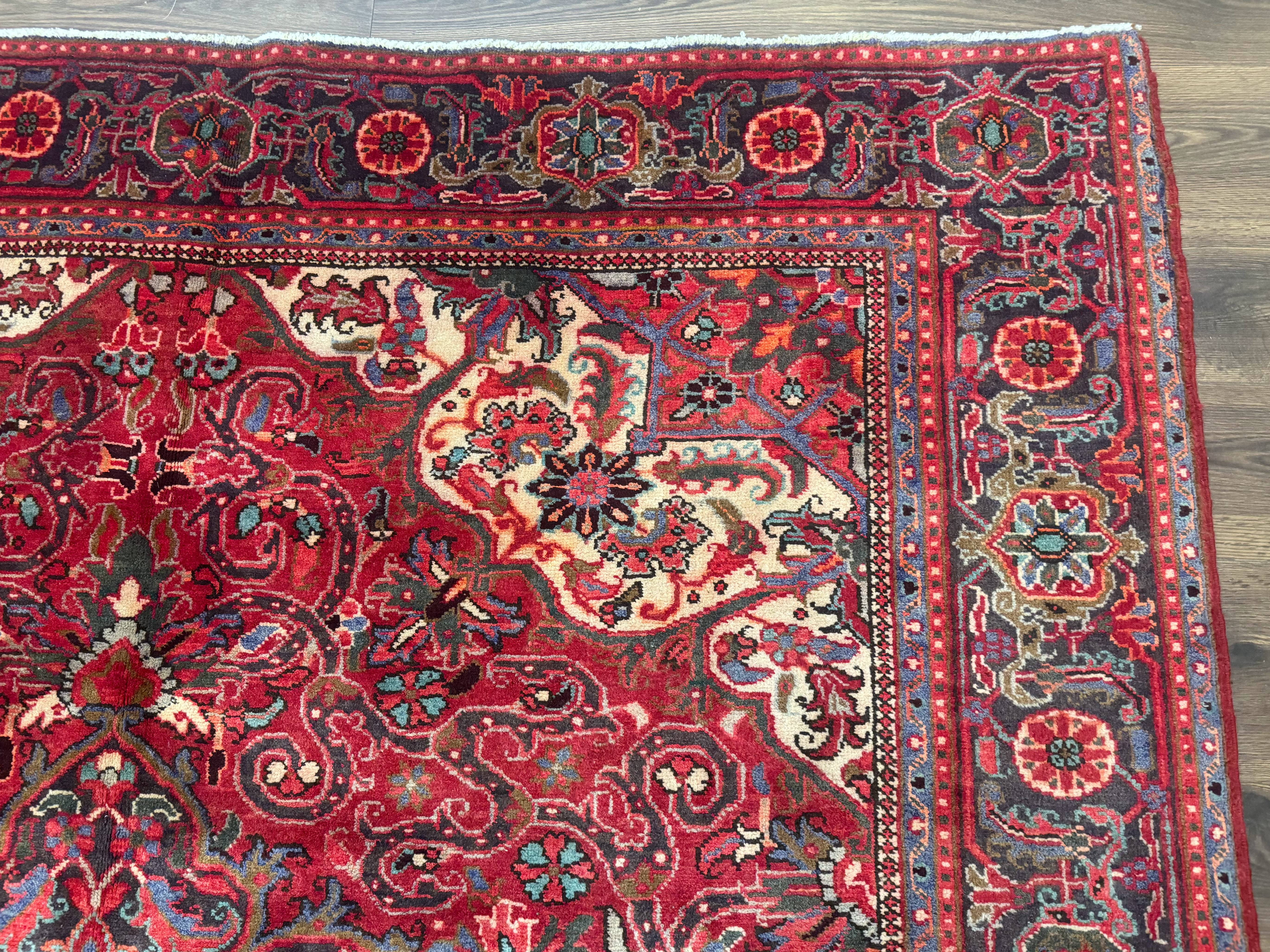 Persian Heriz Rug 7x10, Red and Navy, Geometric Medallion, Vintage Wool Carpet - Jewel Rugs