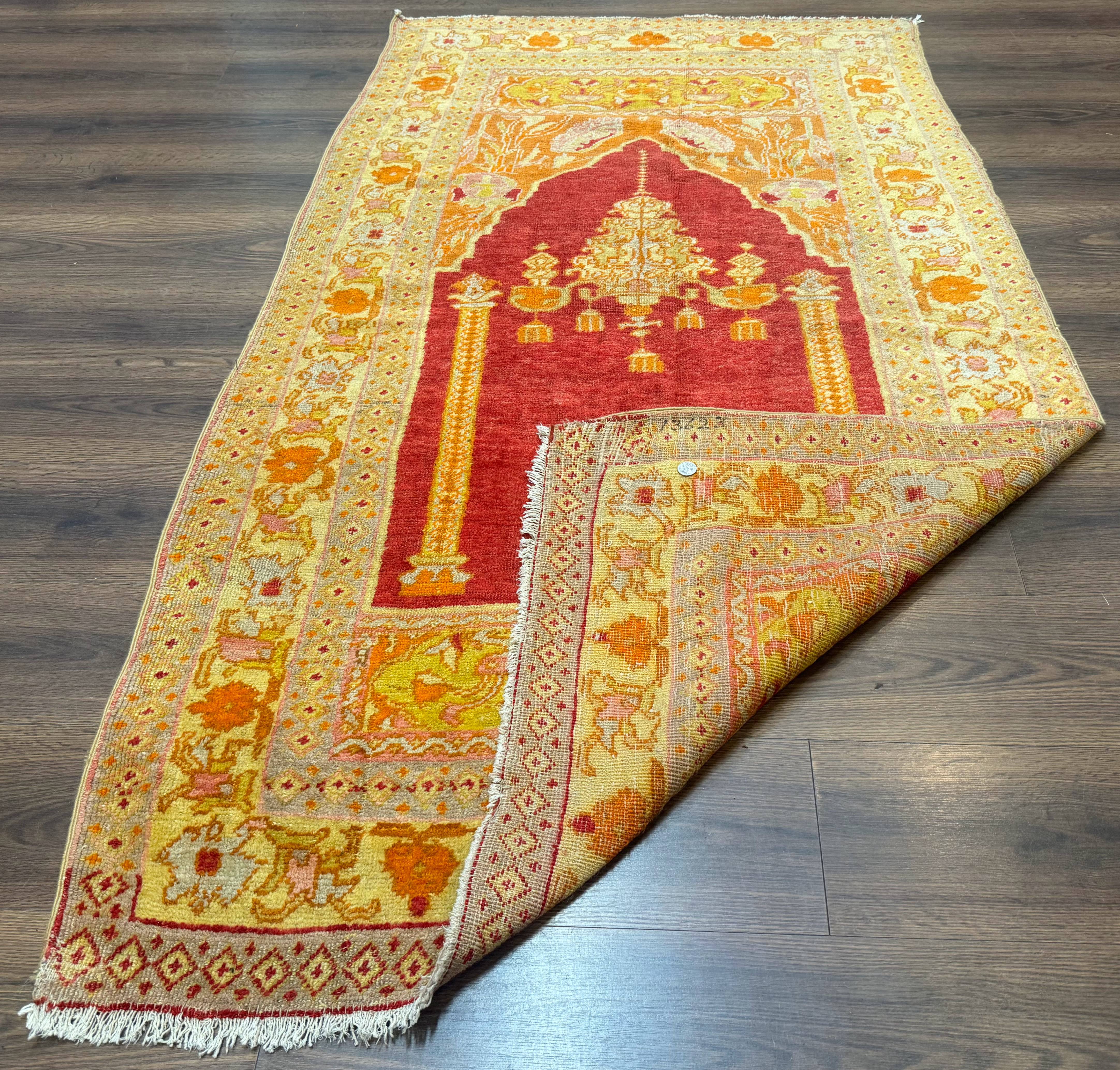 Antique Turkish Prayer Rug 4x6, Red and Golden Mustard, Mihrab Design, Anatolian Carpet - Jewel Rugs