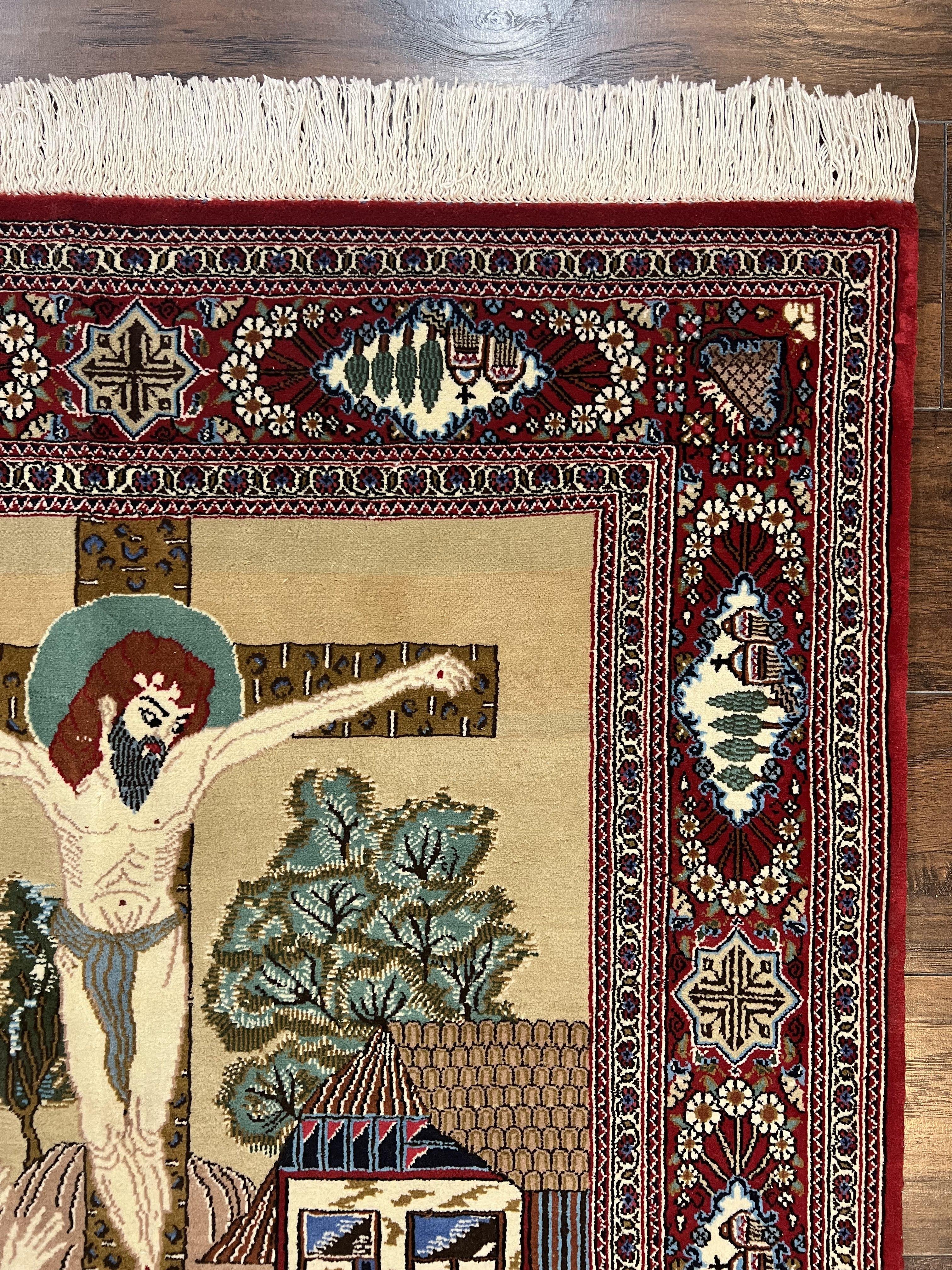 Persian Kashan Pictorial Rug 3x5 - Jesus on Cross - Jewel Rugs