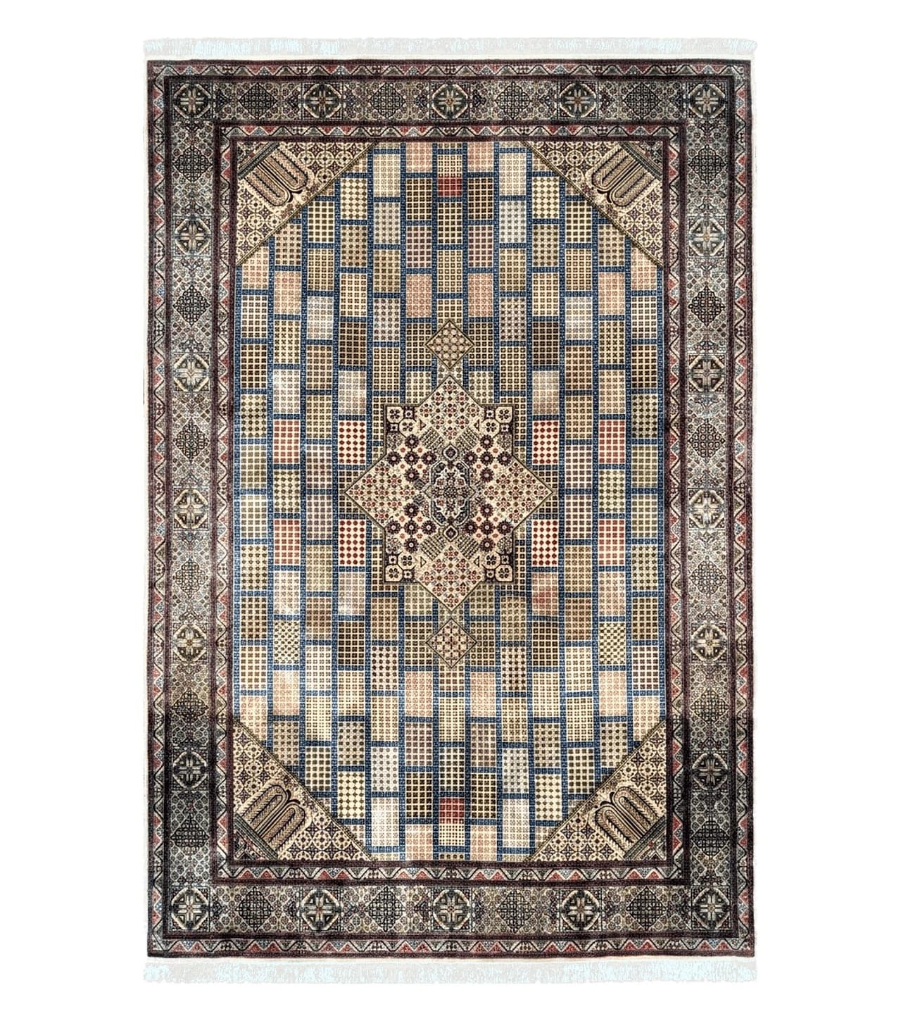 Sino Persian Silk Rug 6.4 x 9.9, Very Fine Hand Knotted Carpet, Panel Design Multicolor, Silk Pile on Silk Foundation, Handmade Vintage