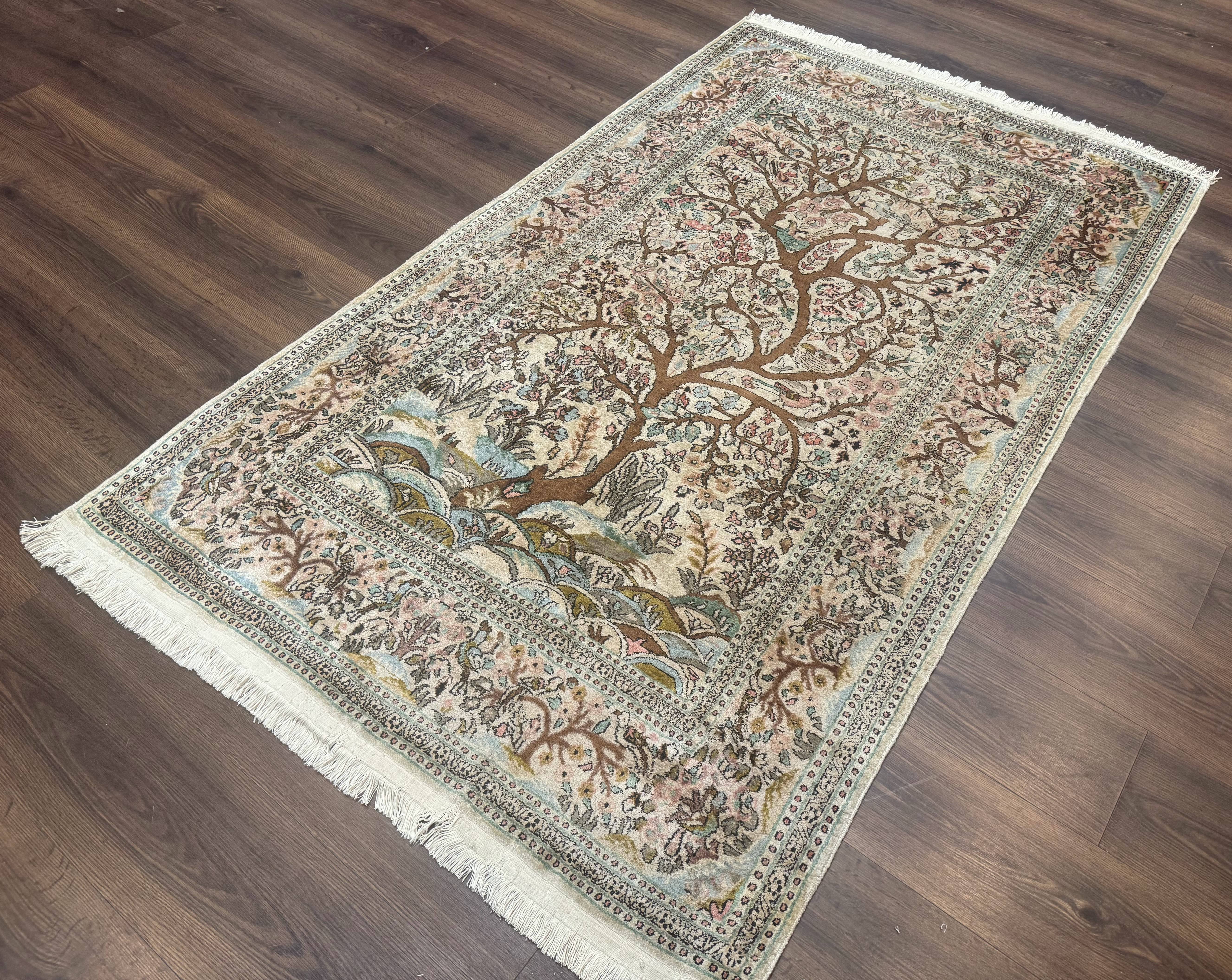 Indian Kashmiri Silk Rug 4x7, Tree of Life Design, Very Fine 380 KPSI, Birds - Jewel Rugs