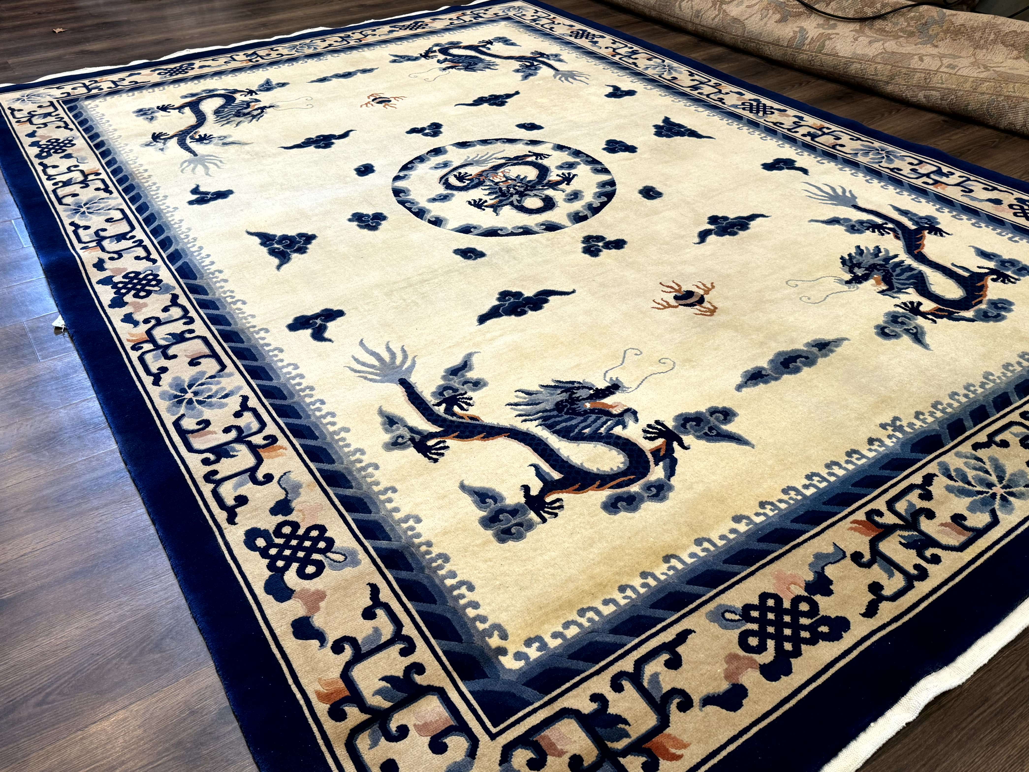 Chinese Dragon Peking Rug 8 x 11.6, Ivory and Blue, Chinese Wool Rug, Vintage - Jewel Rugs