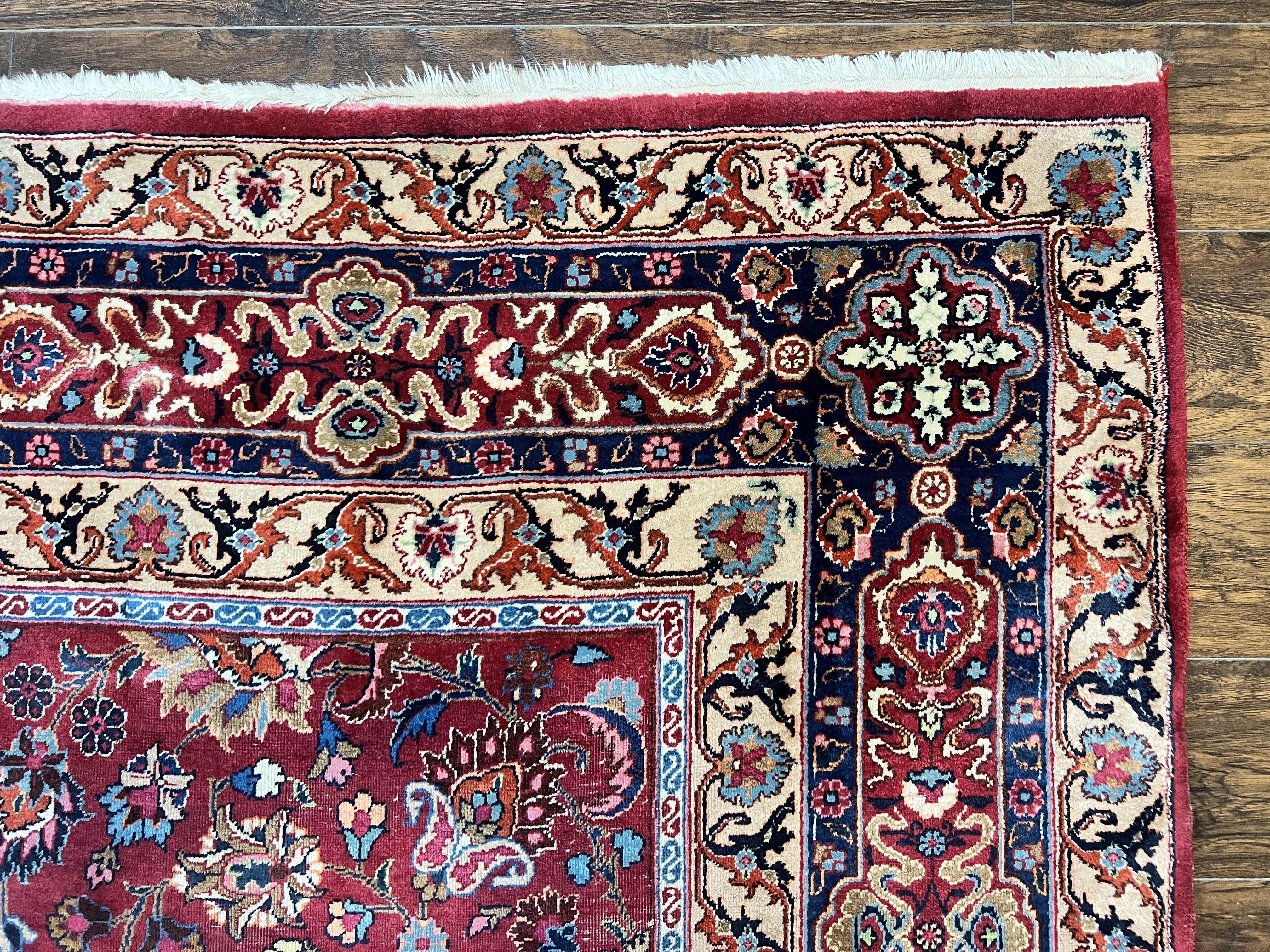 Signed Persian Mashad Rug 8x10, Wool Oriental Carpet, Semi Antique Rug, Hand Knotted, Traditional, Red, Floral Allover, - Jewel Rugs