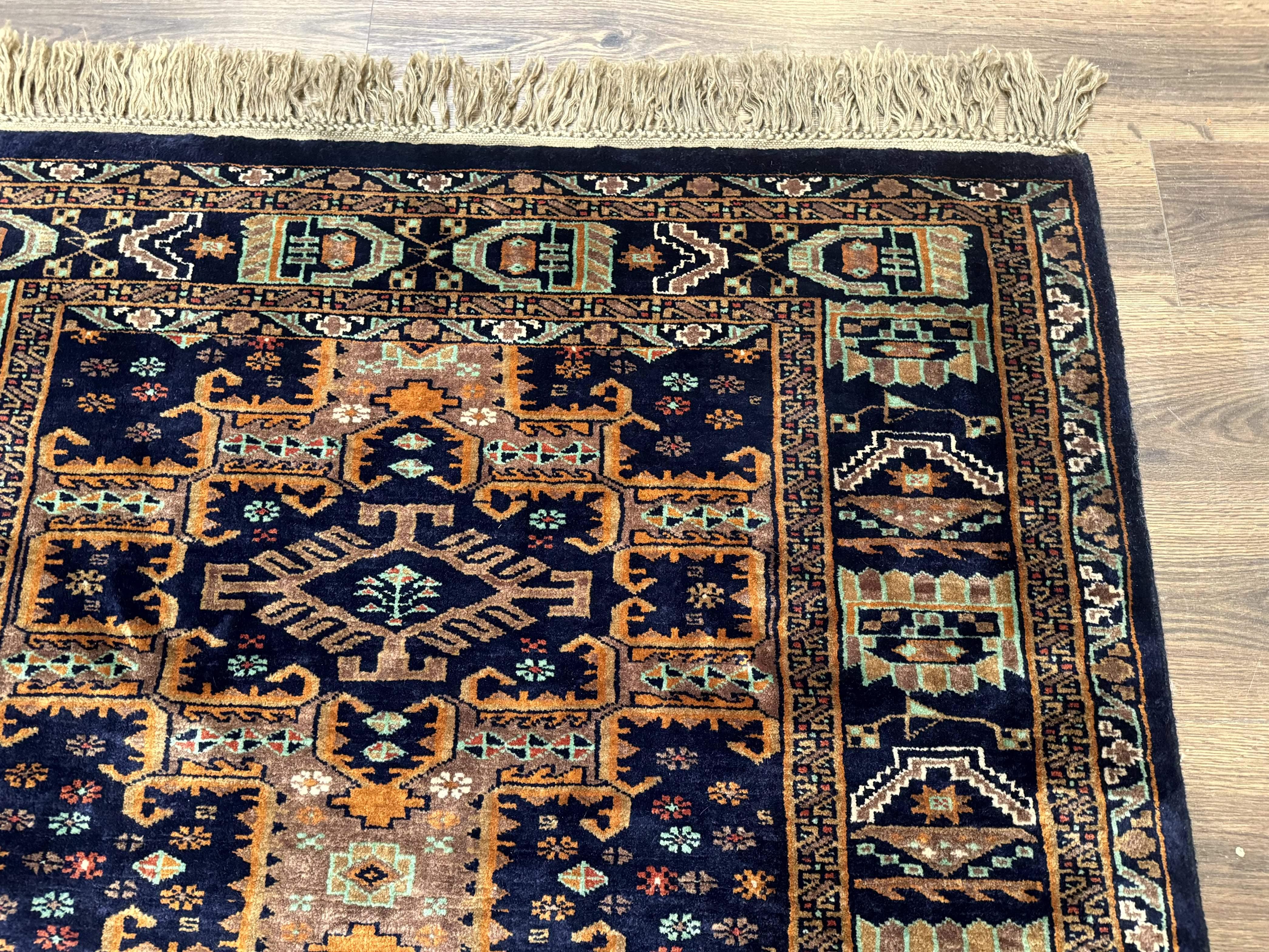 Vintage Afghan Rug 4x6, Navy Blue and Light Brown, Geometric Medallions, Wool on Wool, Tribal Rug - Jewel Rugs