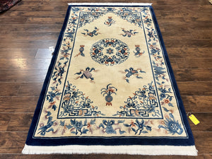 Chinese Wool Rug 5x8, Vintage Art Deco Chinese Carving Sculpture Carpet, Cream and Blue, Handmade Asian Oriental 90 Line Rug