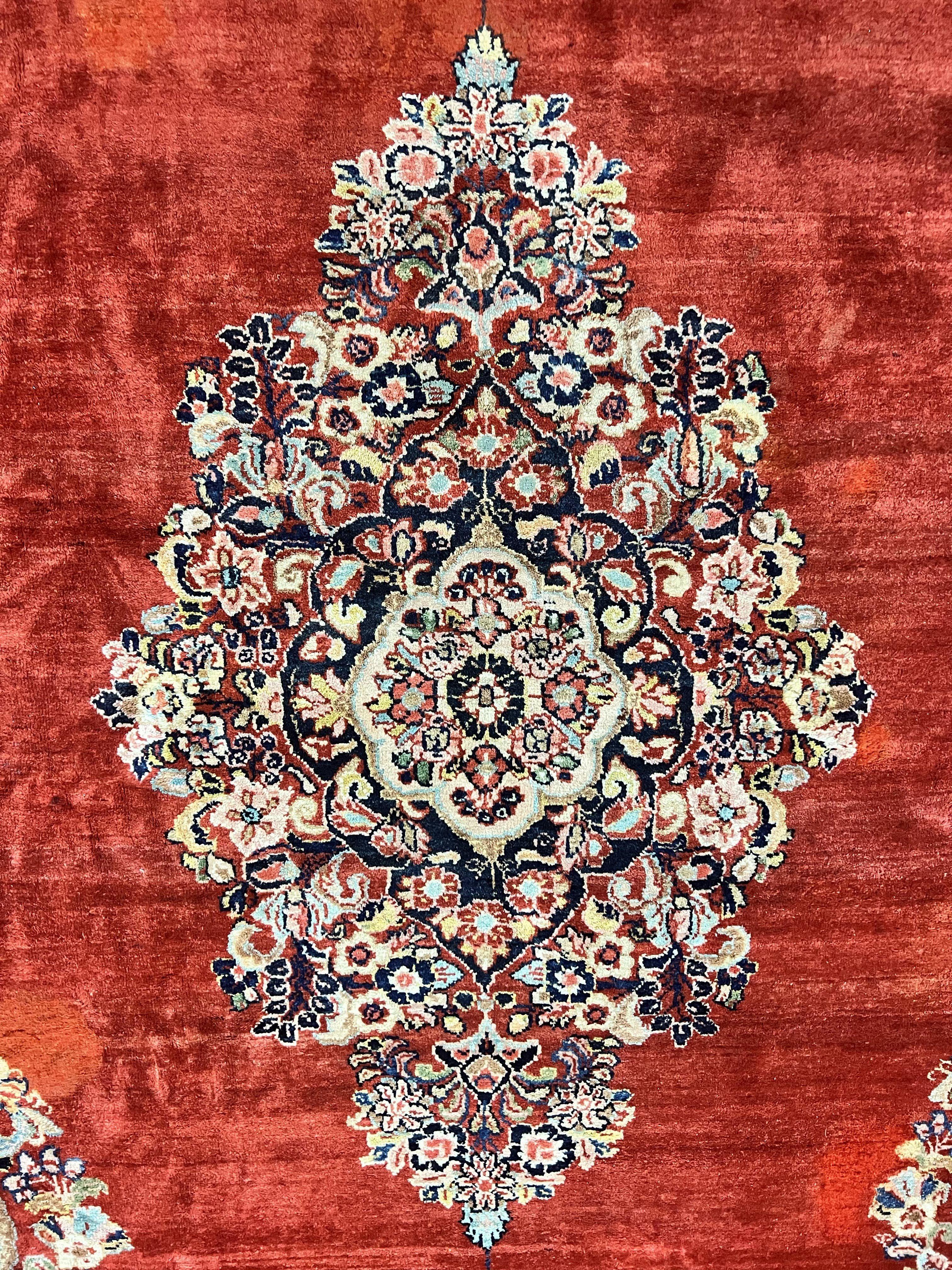 Persian Sarouk Rug 11x14, Semi Open Field, Large Antique Persian Wool Handmade Carpet, Red and Dark Blue, Floral - Jewel Rugs