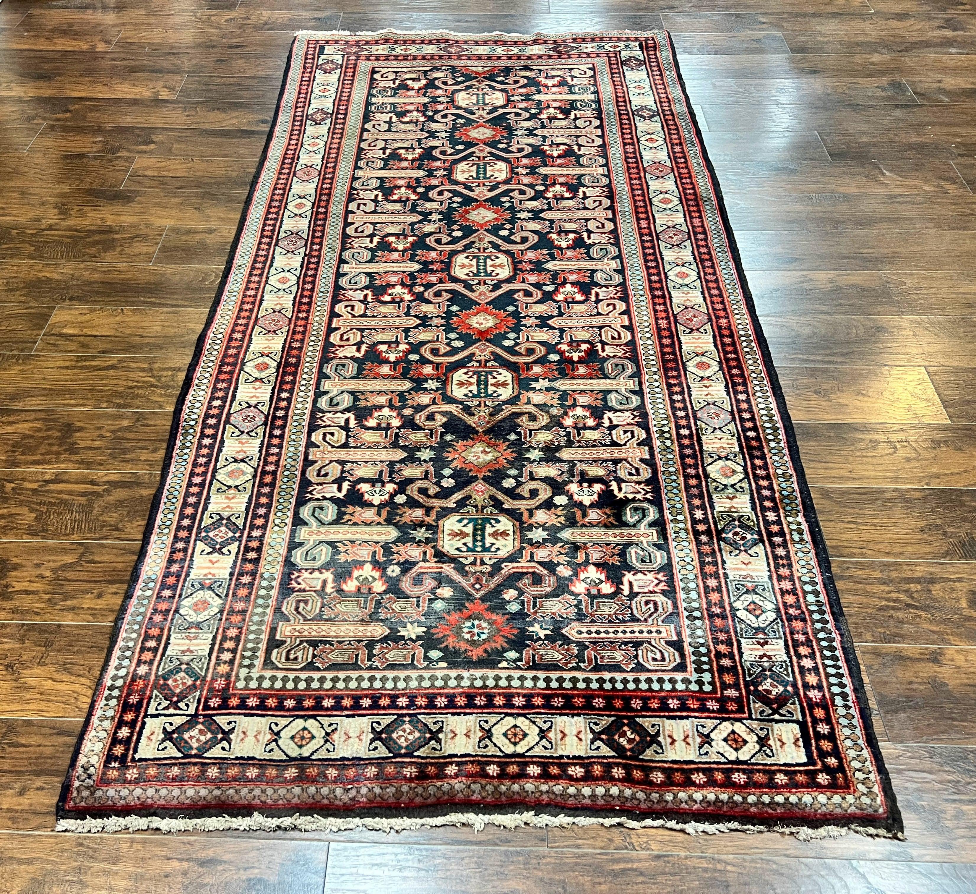 Persian Wide Runner Rug 4.8 x 10, Persian Kalegi Ardabil Rug, Perpedil Caucasian Rug, Antique Handmade Wool Carpet, Navy Blue Red, Tribal Rug - Jewel Rugs