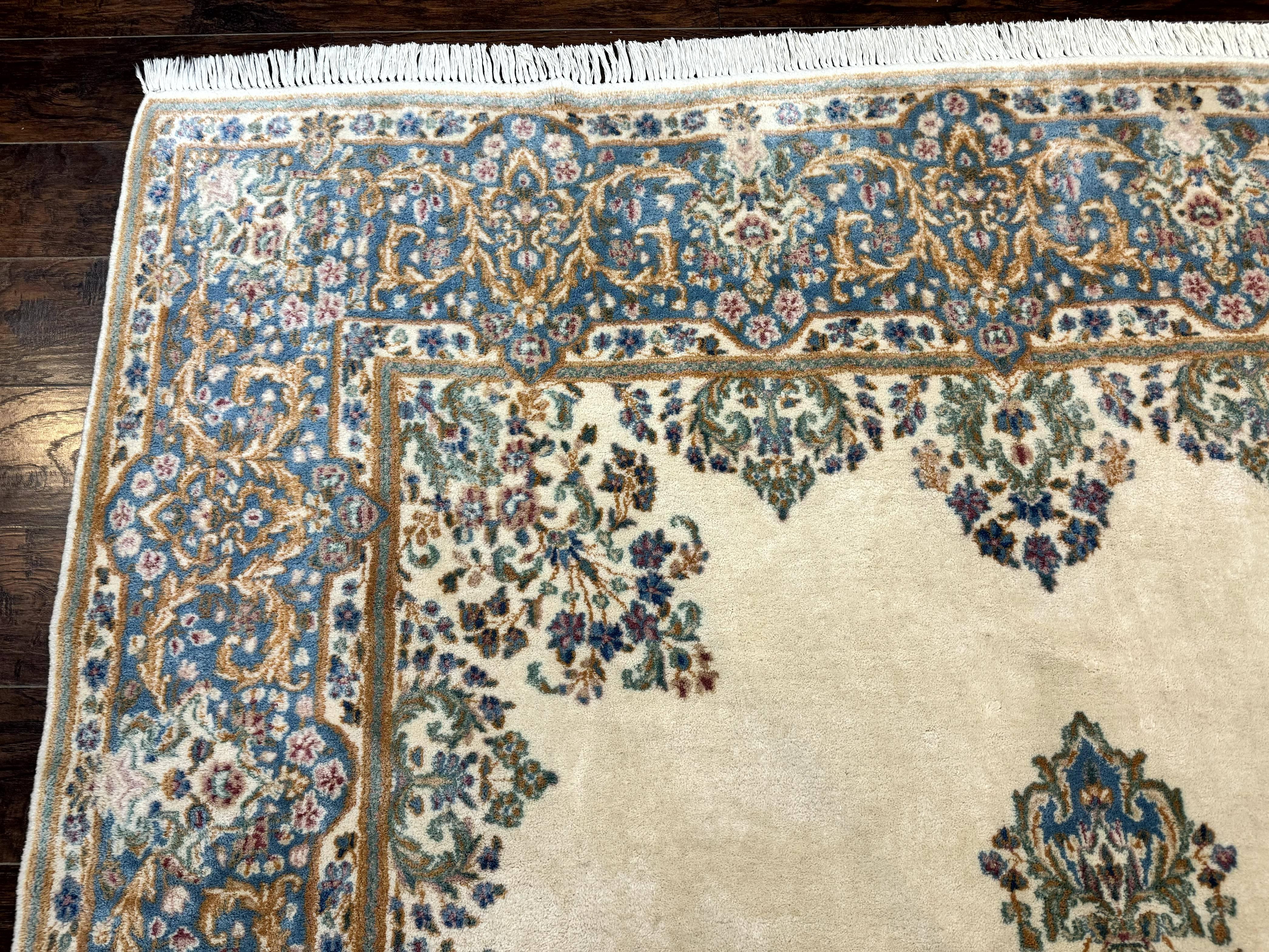 Persian Floral Kirman Rug 8x10, Ivory/Cream and Light Blue, Pastel Colors, Handmade Vintage Wool Carpet, Semi Open Field - Jewel Rugs