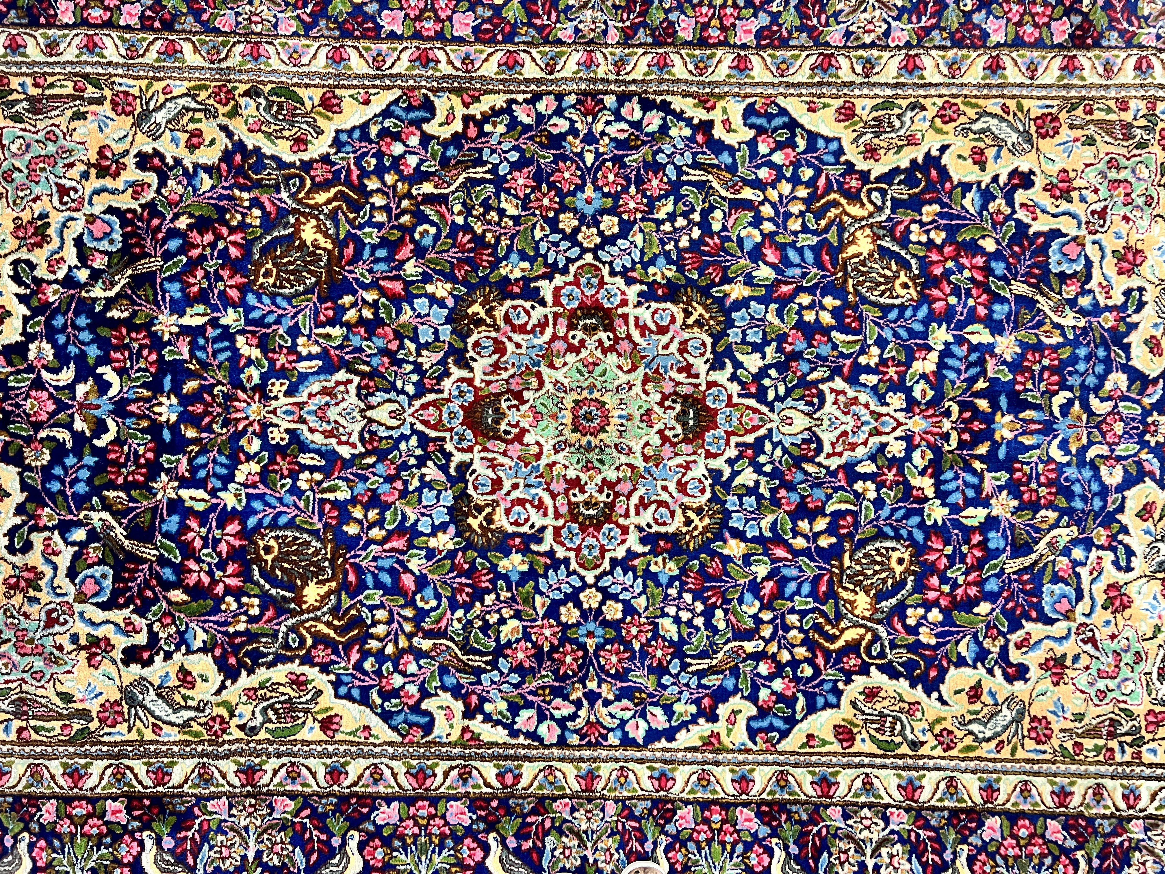 Persian Kirman Rug 6x9, Floral Medallion Vintage Wool Handmade Carpet 6 x 9, Animal Pictorials Birds, Semi Antique, Navy Blue, Millefleur - Jewel Rugs