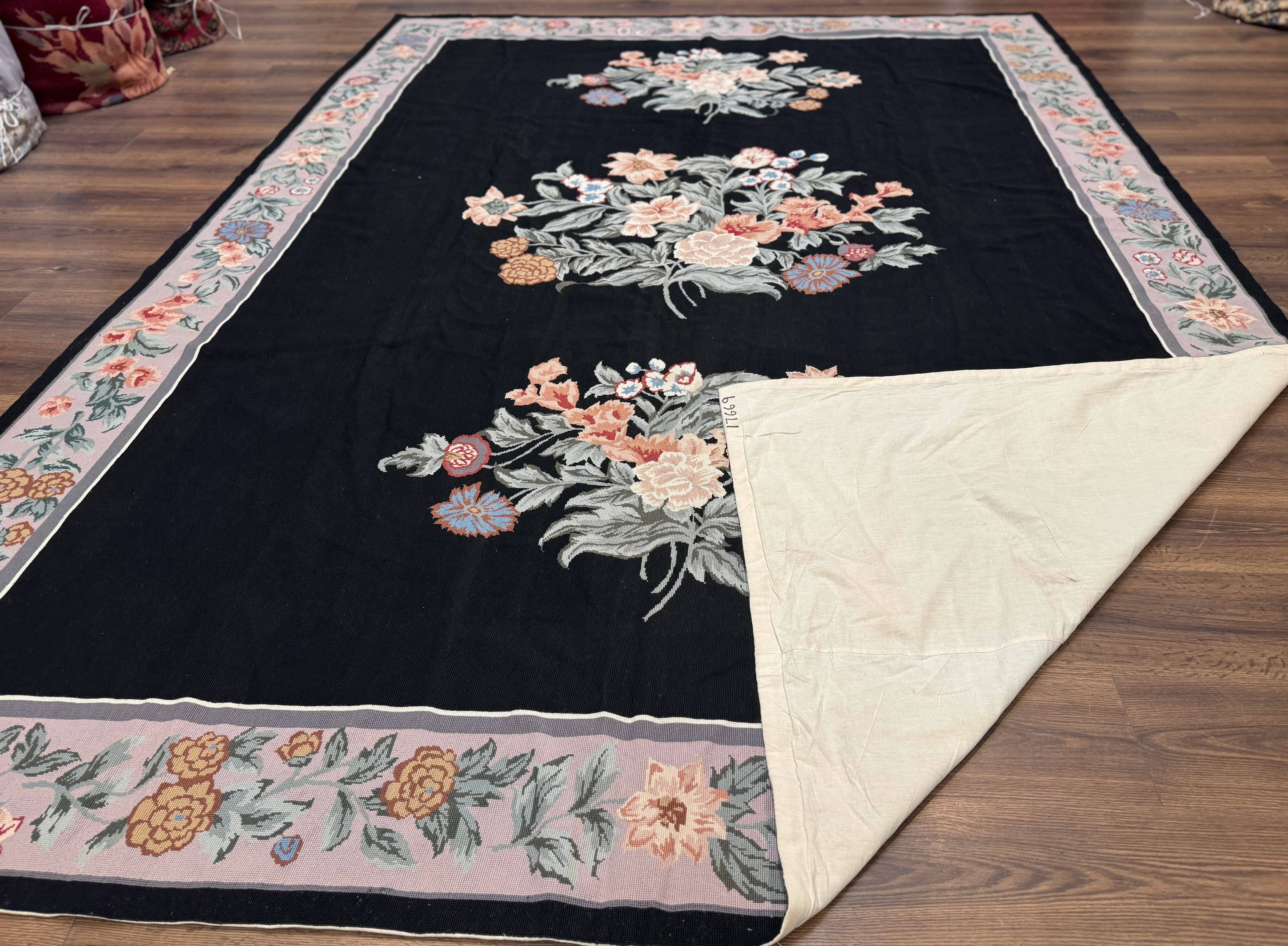 Black Needlepoint Rug 8x11 with Multicolor Flowers, Vintage Carpet - Jewel Rugs
