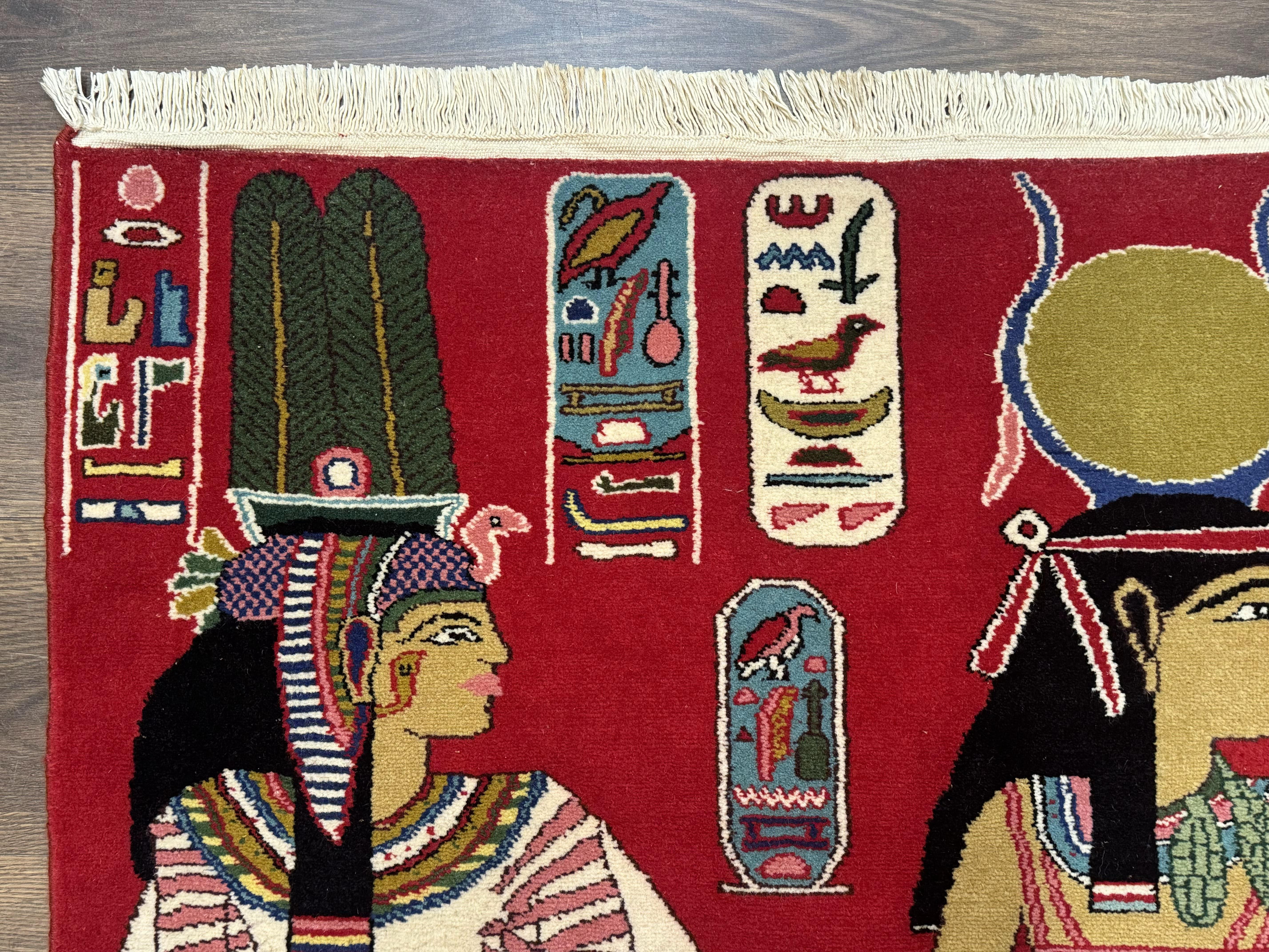 Egyptian Pictorial Rug 3x4, Hieroglyphic Pictorial Rug, Egyptian Prince and Princess, Cleopatra, Vintage Handmade, Red - Jewel Rugs