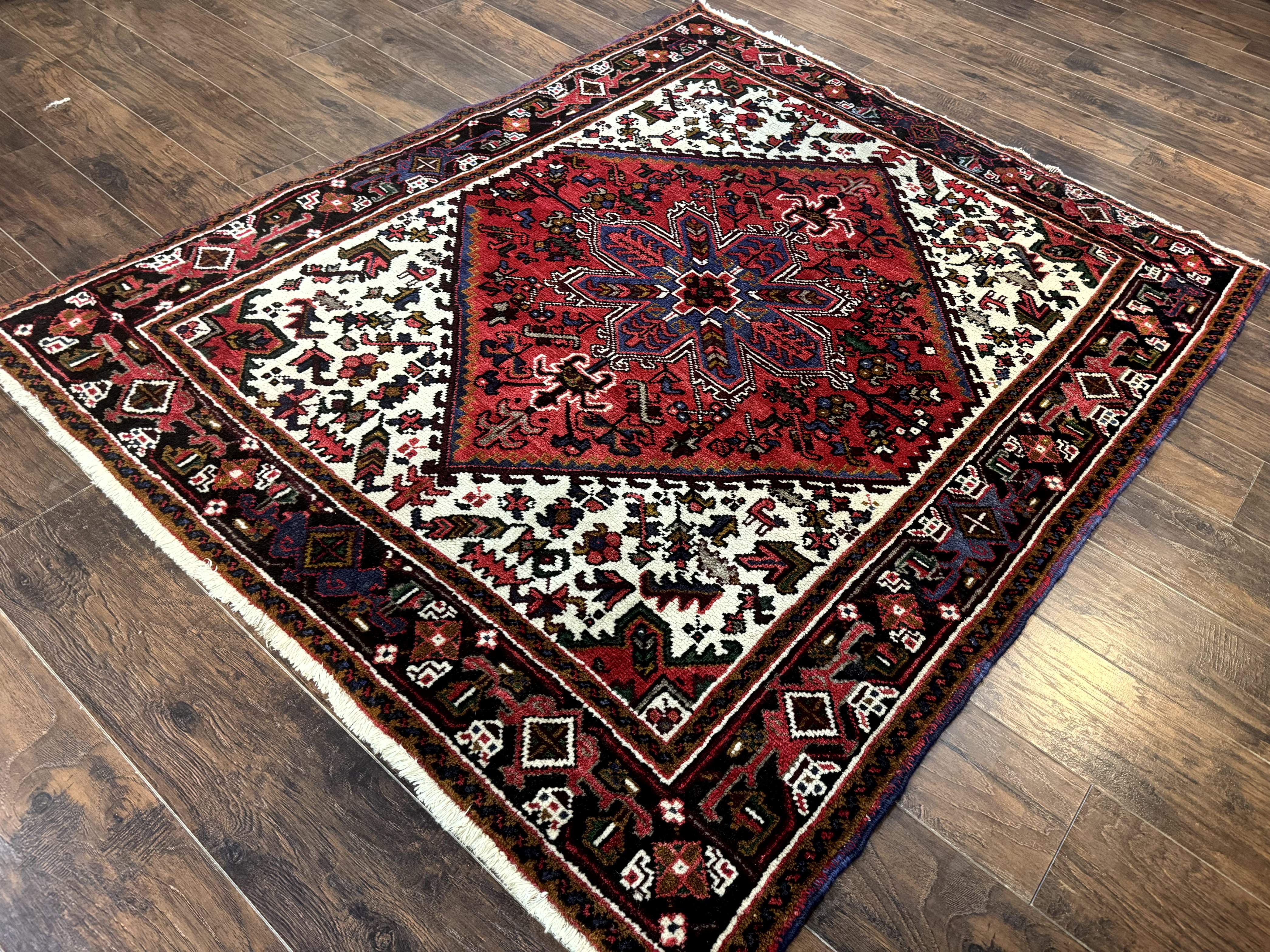 Persian Heriz Rug 5x6 – Red and Ivory, Hand-Knotted Wool, Vintage Geometric Carpet - Jewel Rugs