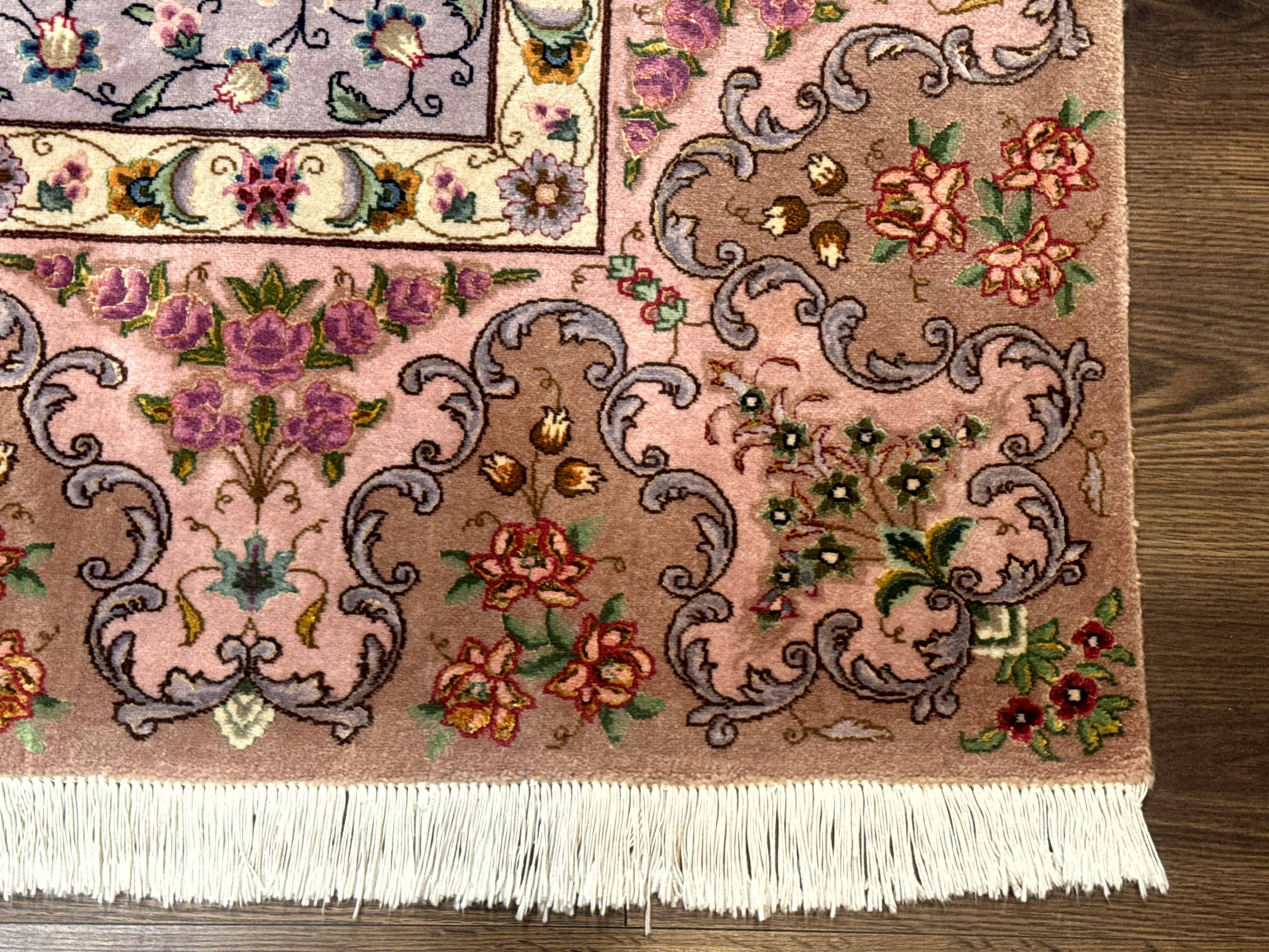 Wonderful Persian Tabriz Rug 7x10, Very Fine 330 KPSI, Light Green Light Blue Pink, Kork Wool Silk Foundation, Bird Pictorials - Jewel Rugs