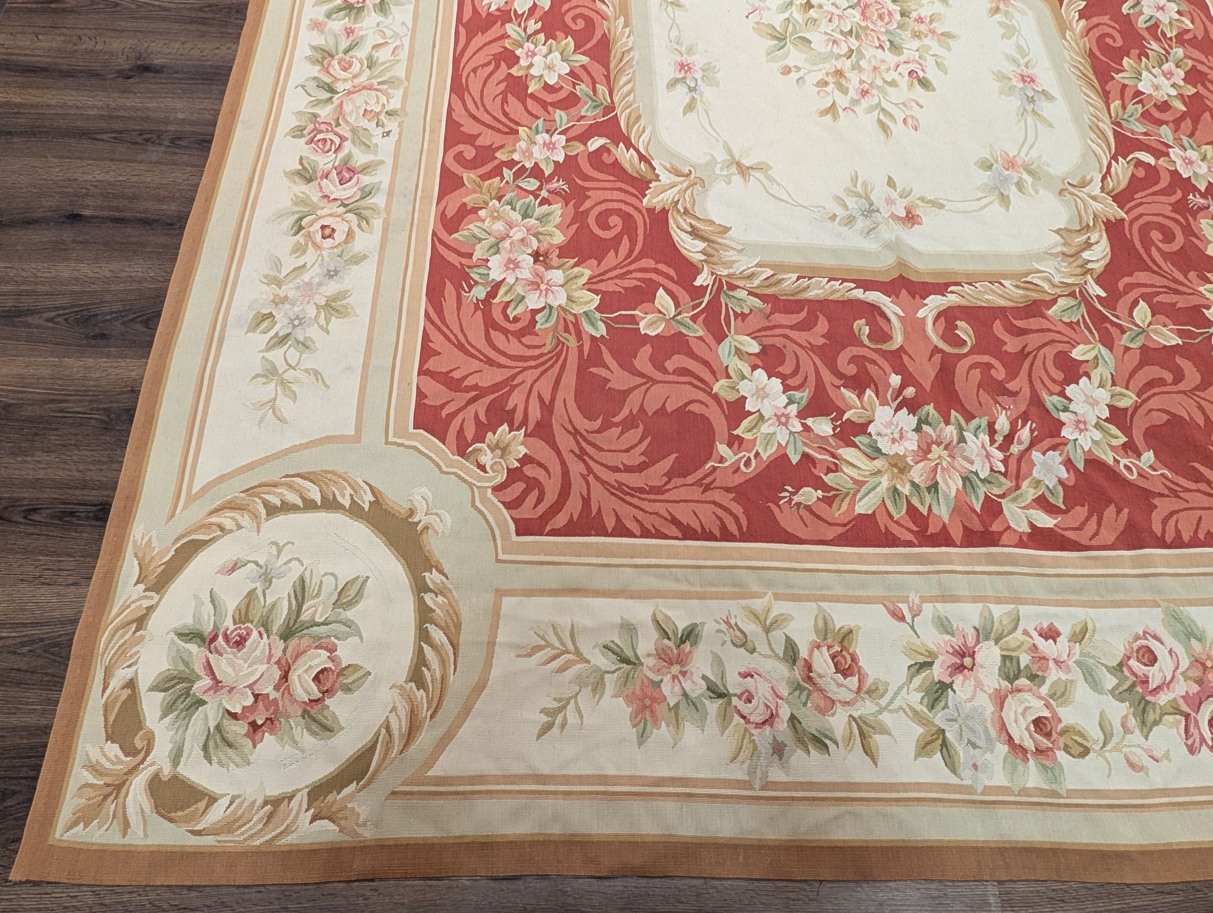 Aubusson Rug 9x12, Red and Ivory, Handwoven French European Floral Carpet - Jewel Rugs
