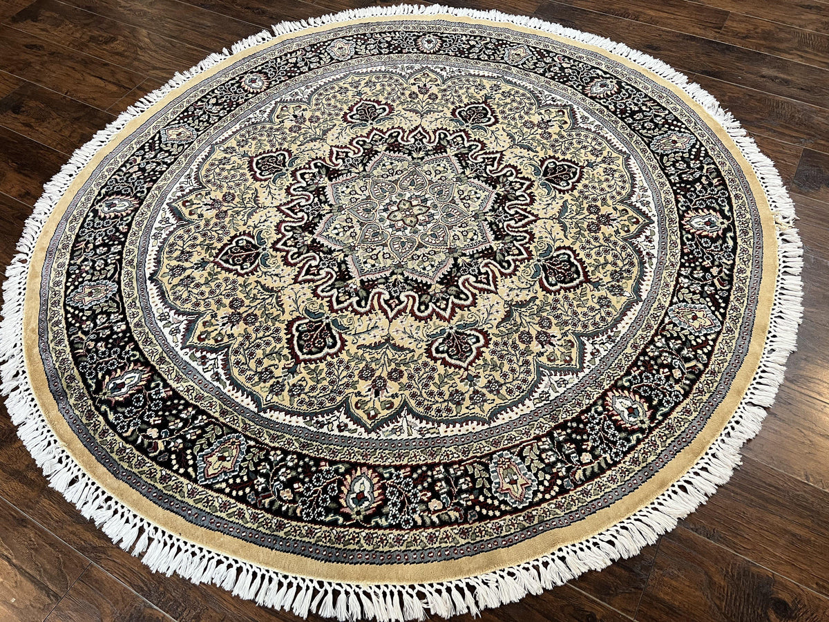 Round Silk Indian Kashmiri Rug 6x6, Hand Knotted Handmade Vintage Orie