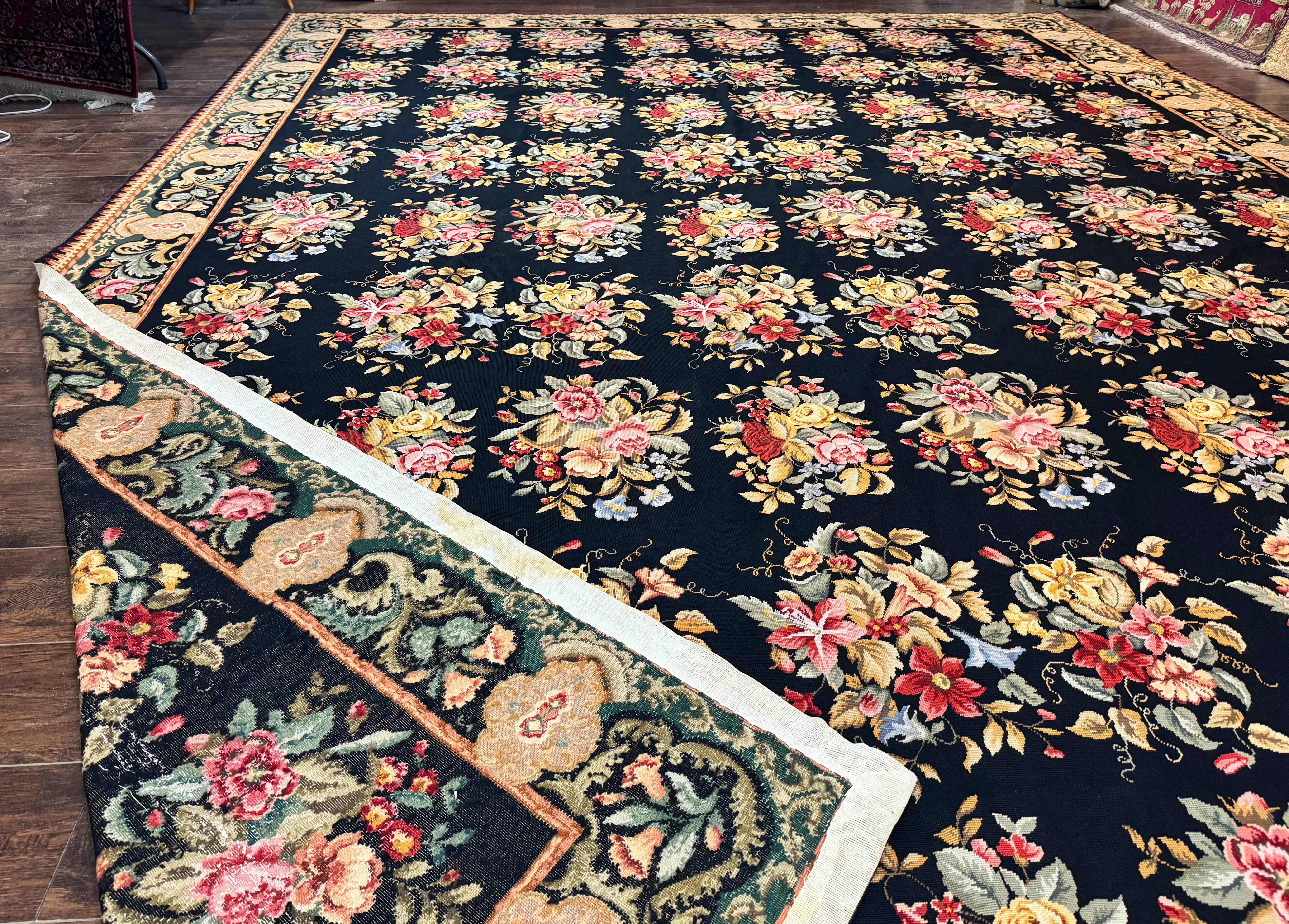 Palace Size Needlepoint Rug 12x16, Black and Colorful, Floral Panel, Handmade Oversized Wool Needlepoint Carpet, Rare - Jewel Rugs