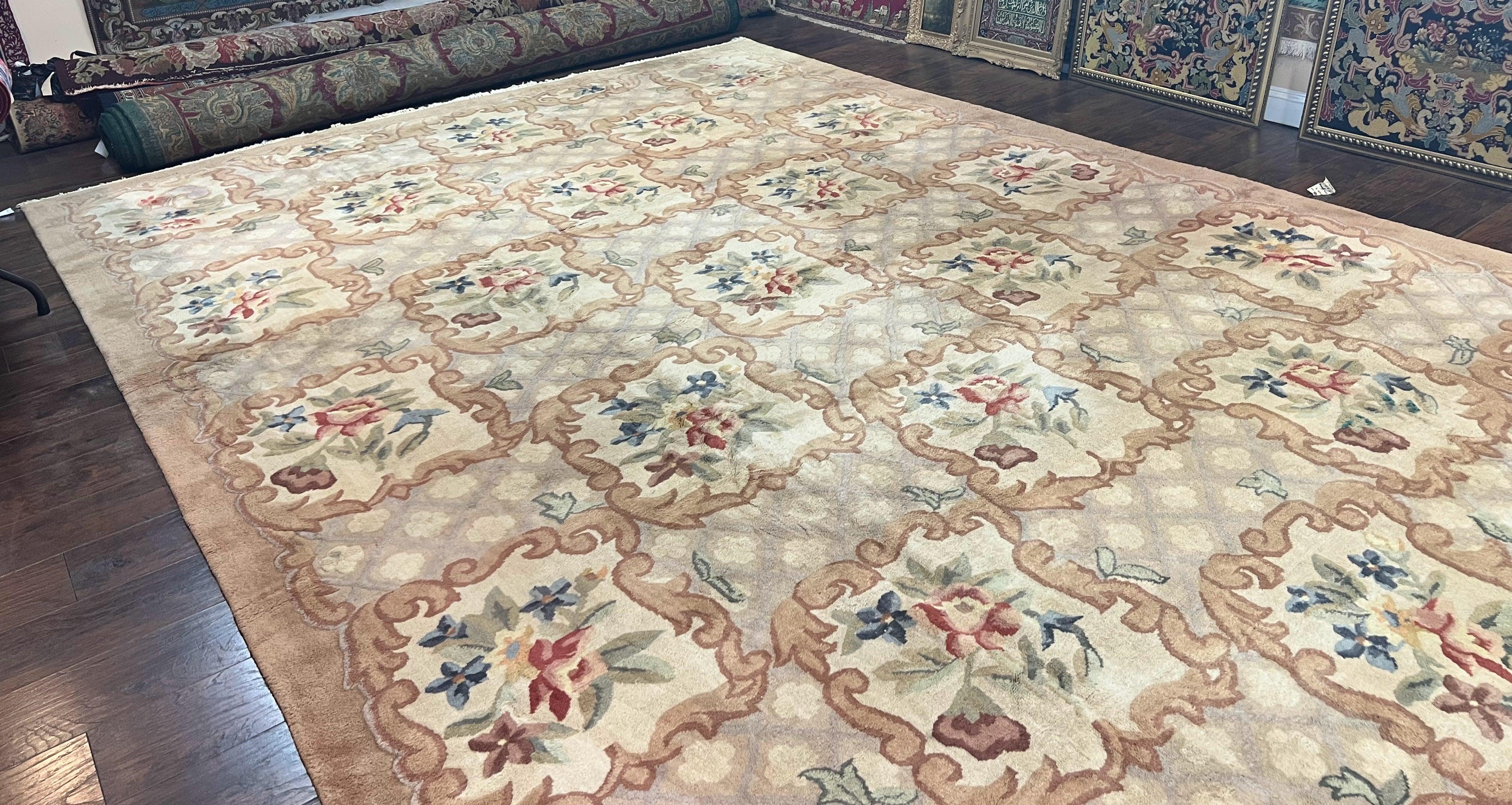 Indo Chinese Aubusson Wool Rug 11x16, Palace Sized Carpet, Oversized Handmade Vintage Rug, European Design - Jewel Rugs
