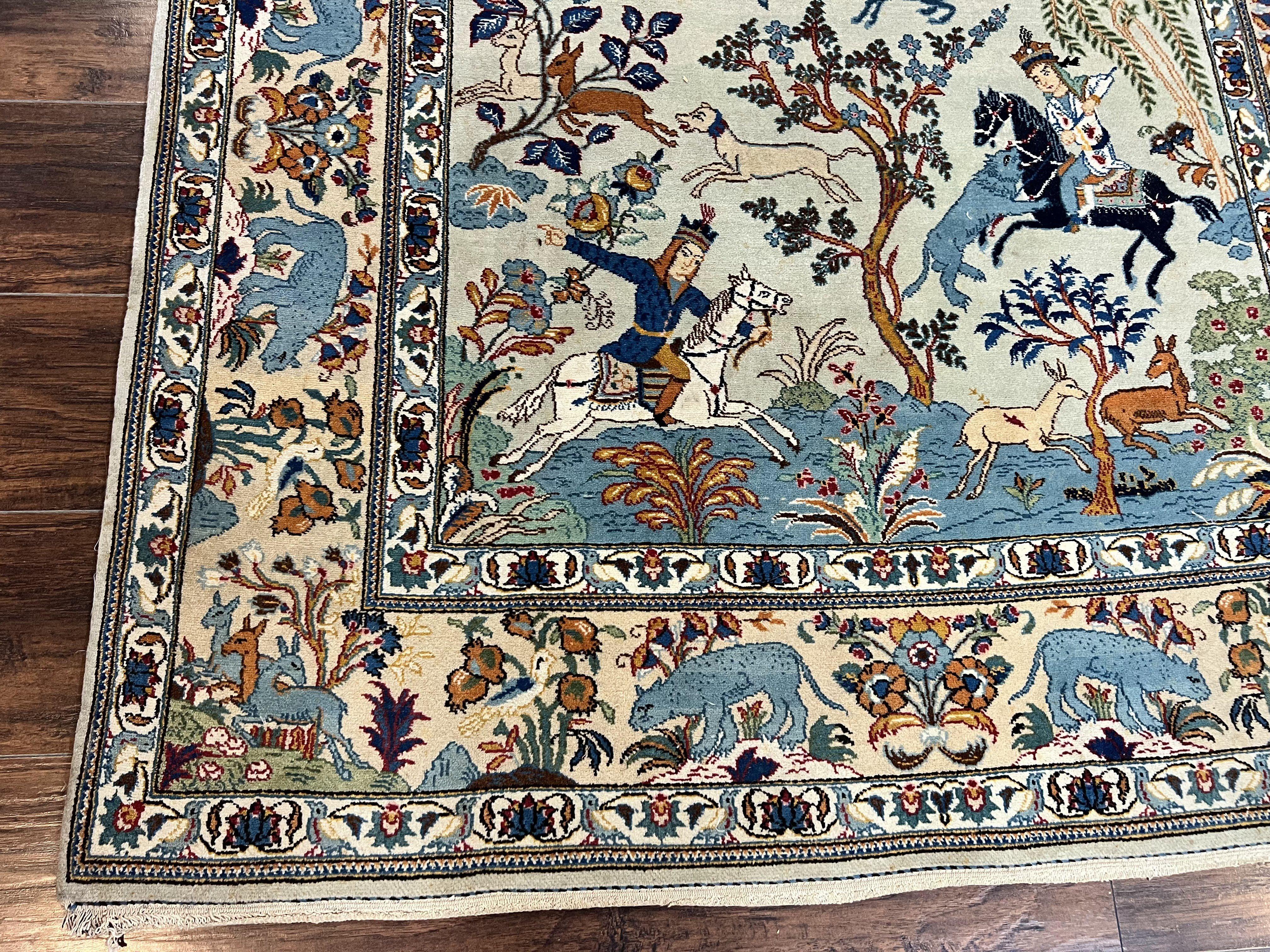 Persian Kashan Pictorial Rug 4.6 x 7, Hunting Scene, SIgned by Masterweaver, Animal Pictorials, Rare, Handmade, Wool, Vintage, Very Fine - Jewel Rugs