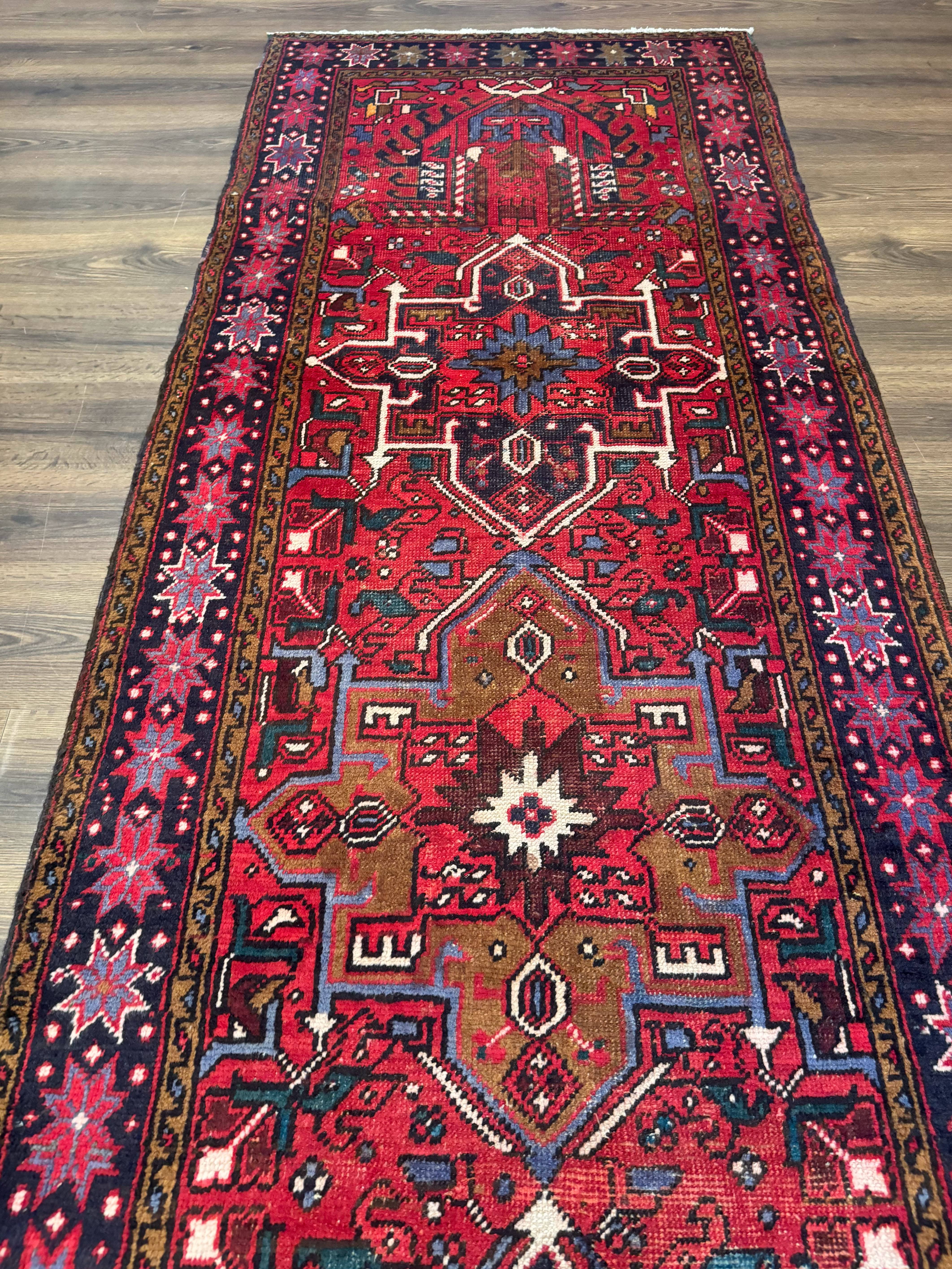 Persian Heriz Karajeh Runner Rug 3.7 x 12, Geometric Medallions, Red and Navy Blue - Jewel Rugs