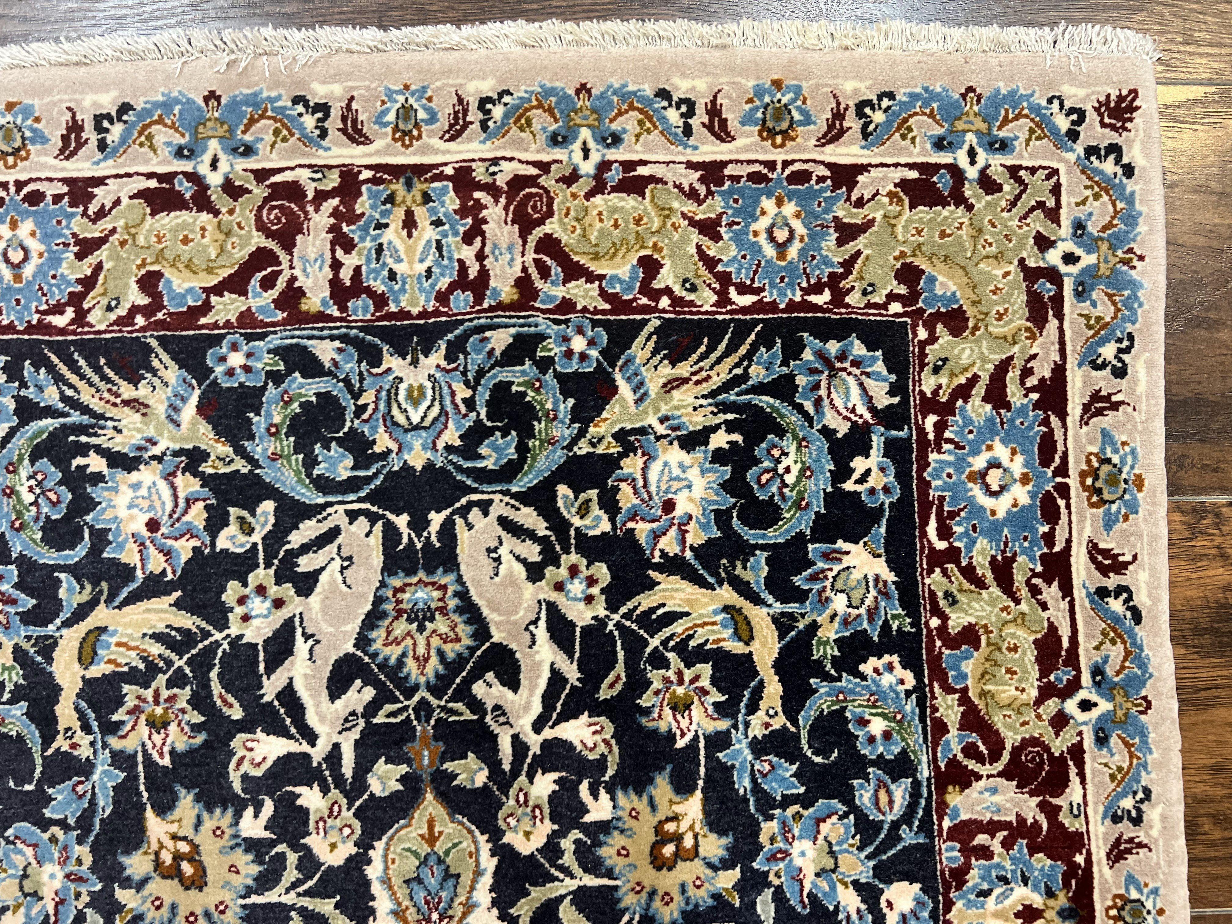 Wonderful Persian Isfahan Rug 2.4 x 4, Animal Pictorials Deer, Floral, Handmade Vintage Navy Blue Small Persian Carpet, Very Fine 430 KPSI Kork Wool - Jewel Rugs