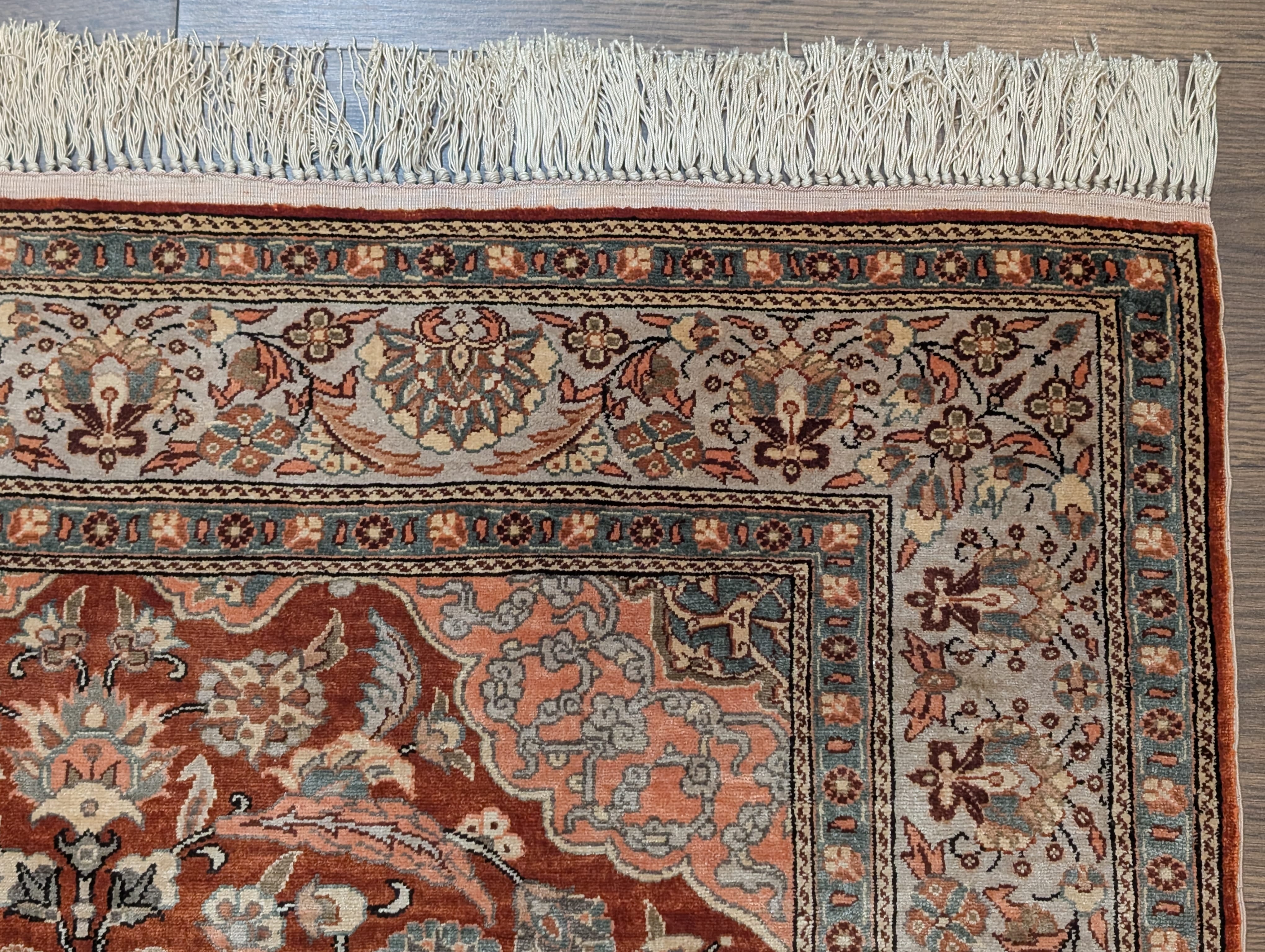 Silk Turkish Hereke Rug 3x5, Fine Hand-Knotted Silk Carpet, Rust Red & Green - Jewel Rugs