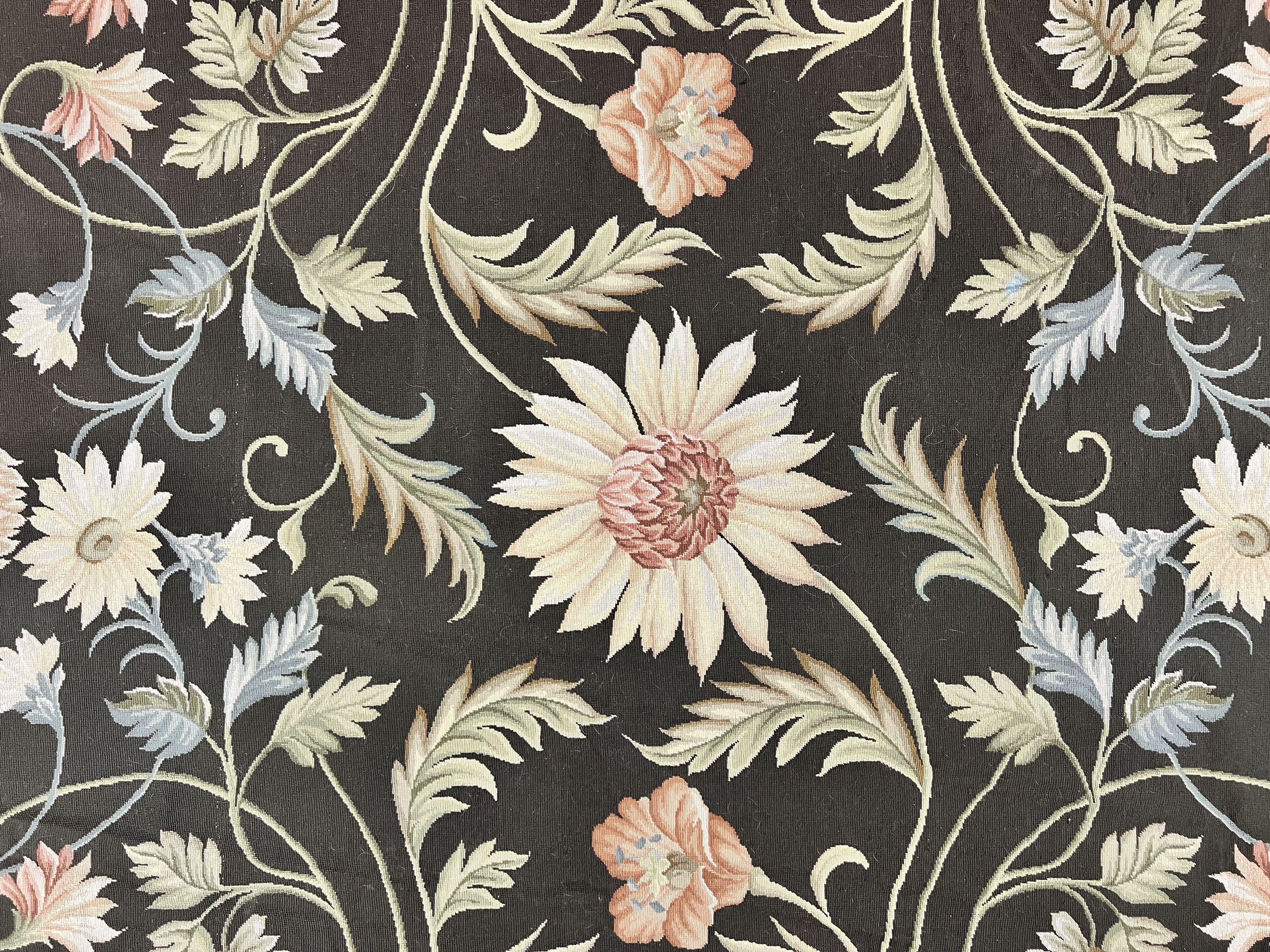 Large Needlepoint Rug 11x16, Dark Green Floral Elegant European Design Vintage Wool Handmade Carpet, Palace Size Rug - Jewel Rugs