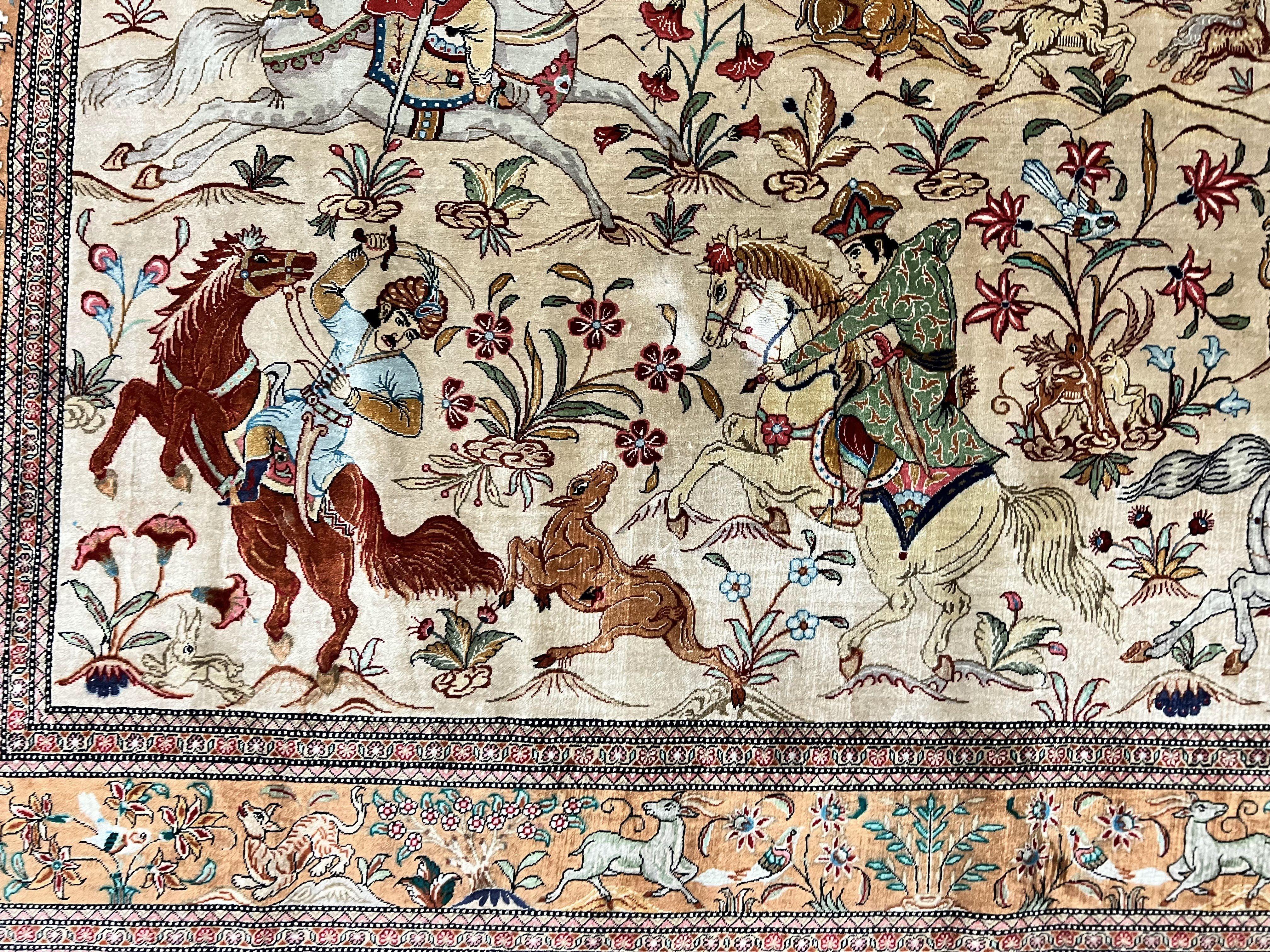 Silk Persian Qum Rug 3x5, Hunting Pattern, Handmade Vintage Carpet, Signed by Master Weaver, Horsemen Pictorials, Super Fine 650 KPSI - Jewel Rugs