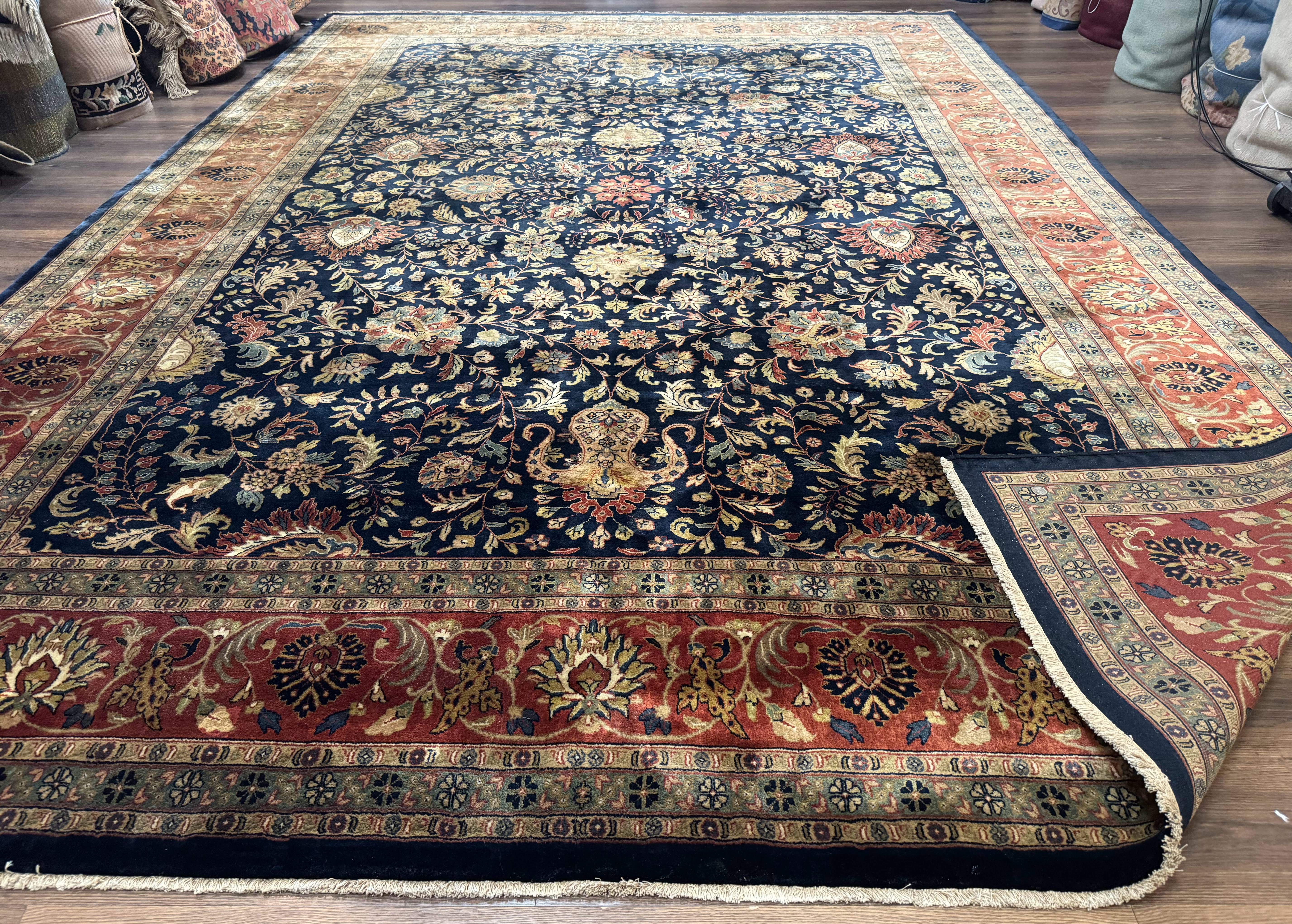 Large Indo Persian Rug 10x14, Navy Blue and Terracotta, Allover Floral Pattern - Jewel Rugs
