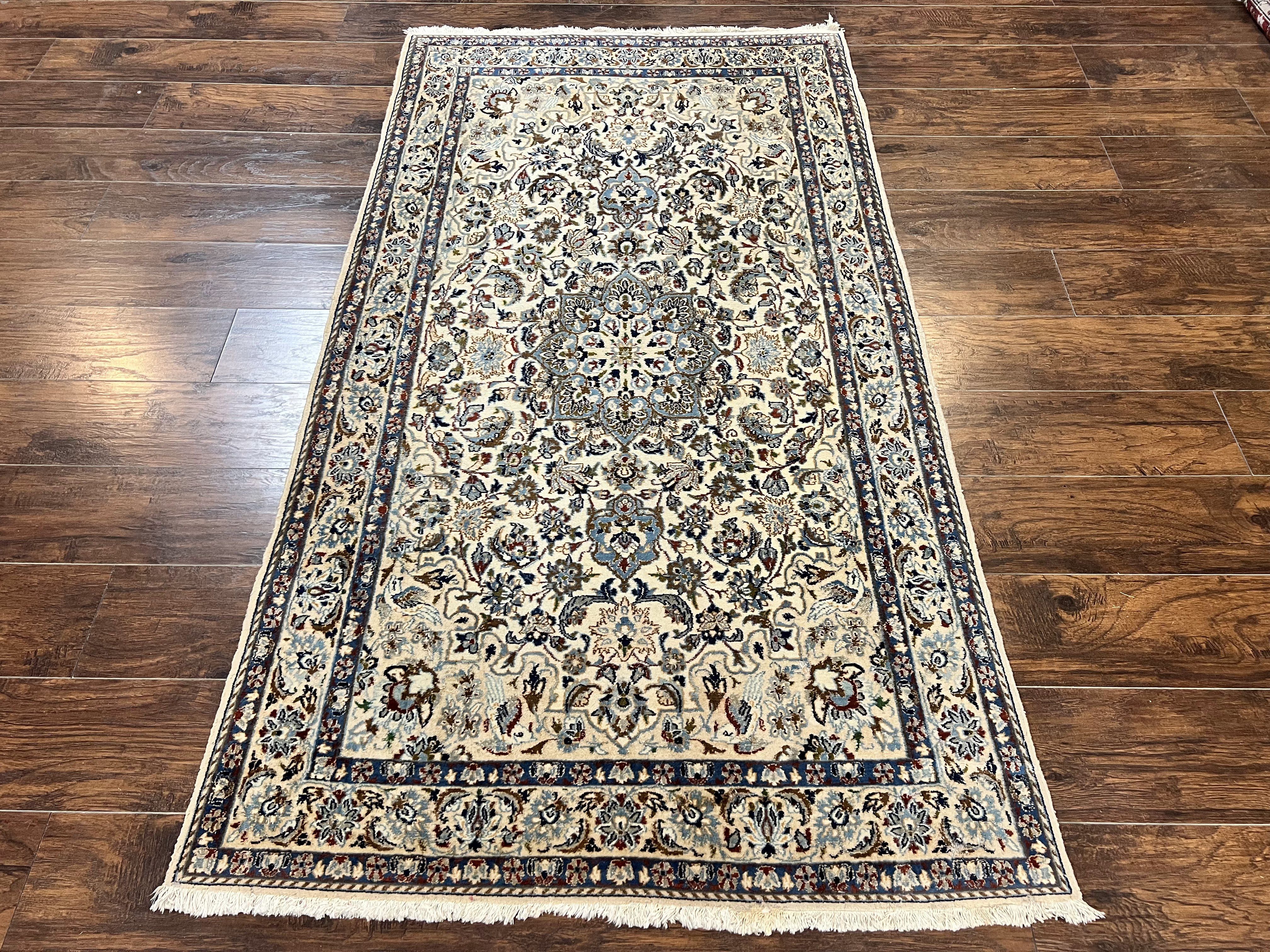 Persian Nain Rug 4x7, Floral Medallion Oriental Carpet 4 x 7 ft, Ivory Persian Rug, Handmade Hand Knotted Vintage, Wool & Silk Highlights, Birds - Jewel Rugs
