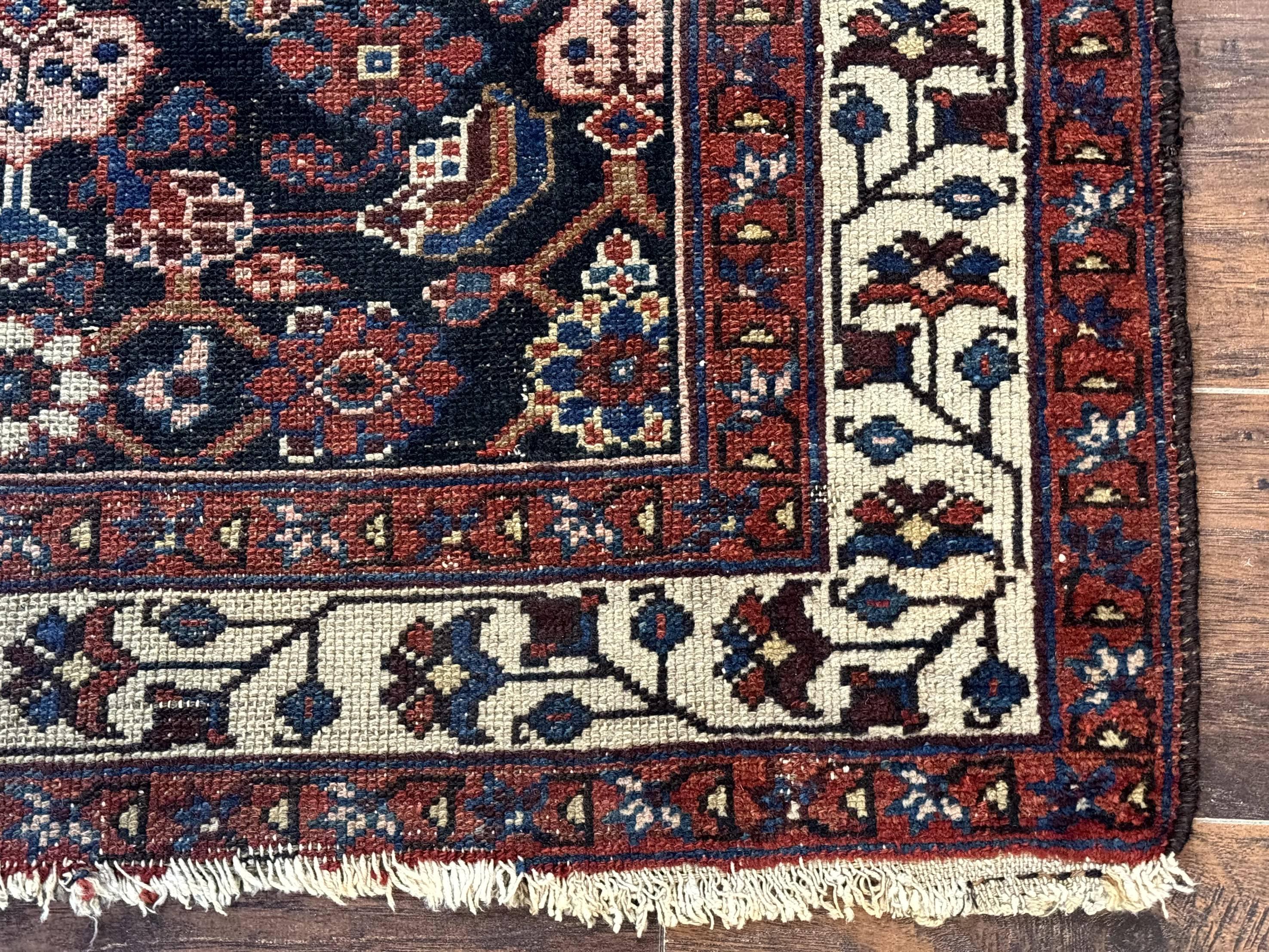 Navy Blue Antique Persian Rug 3x6, Blue and Ivory Persian Carpet, Handmade 1920s Hamadan Rug - Jewel Rugs