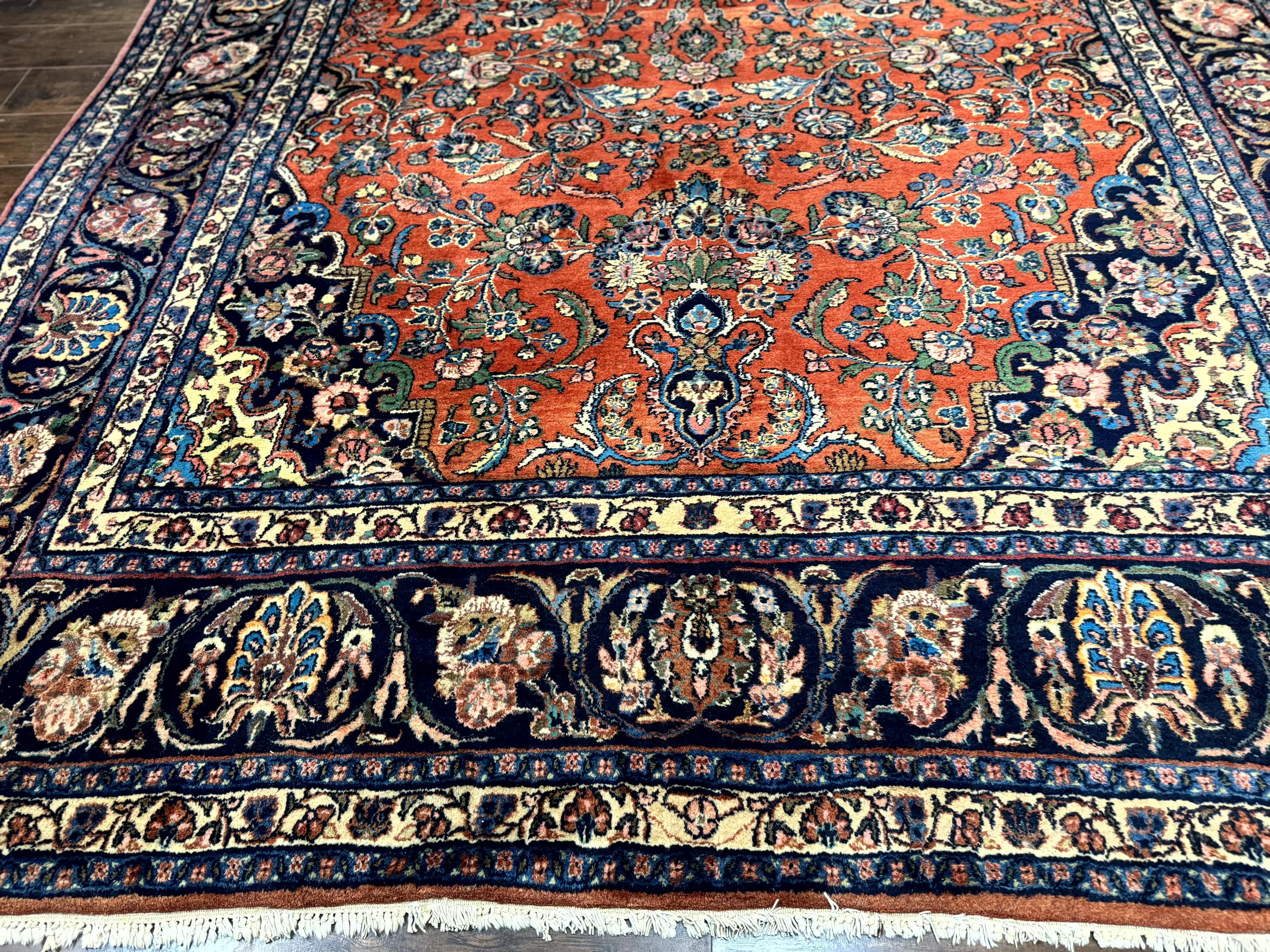 Palace Sized Antique Persian Rug 9x19, Handmade Wool Persian Carpet, Red Navy Blue, Floral Medallion - Jewel Rugs